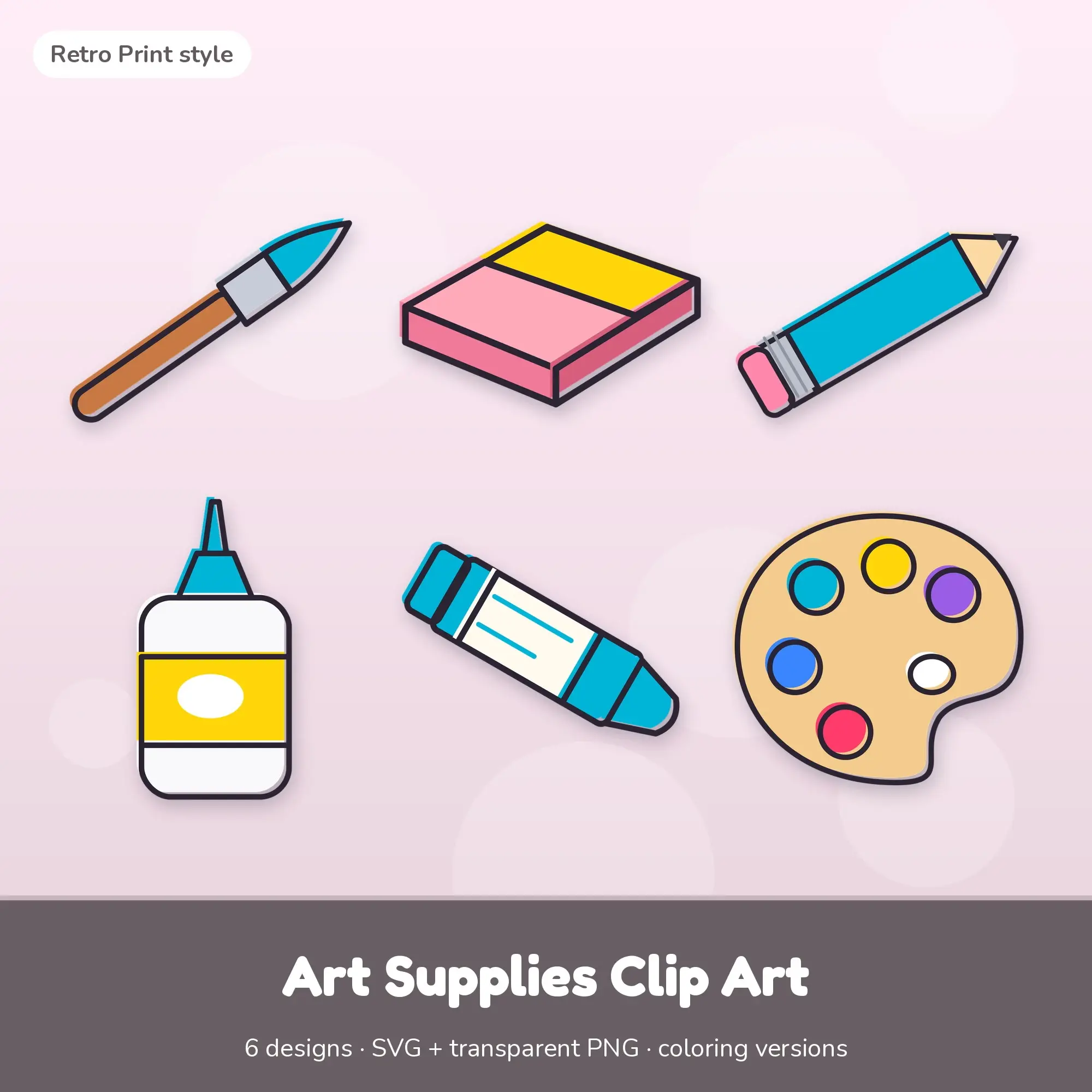 6 Art Supplies Clip Art Vectors - Paint Brush, Eraser, Pencil preview