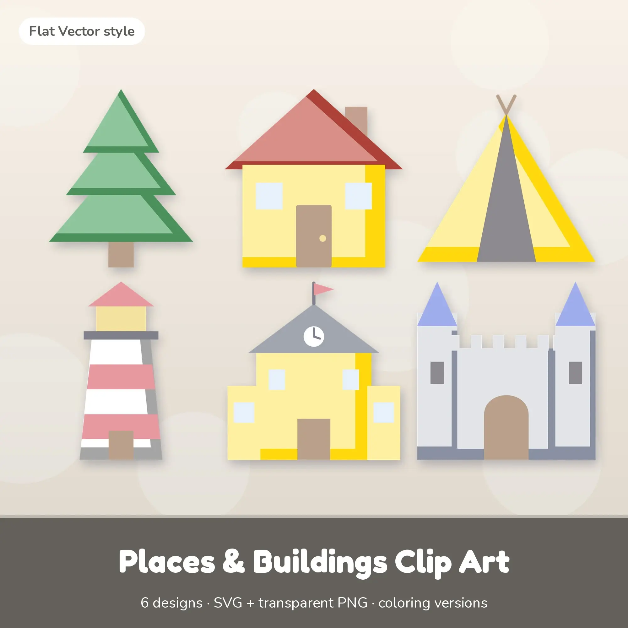 Soft Pastel Places & Buildings Clip Art - 6 SVG + PNG Designs preview