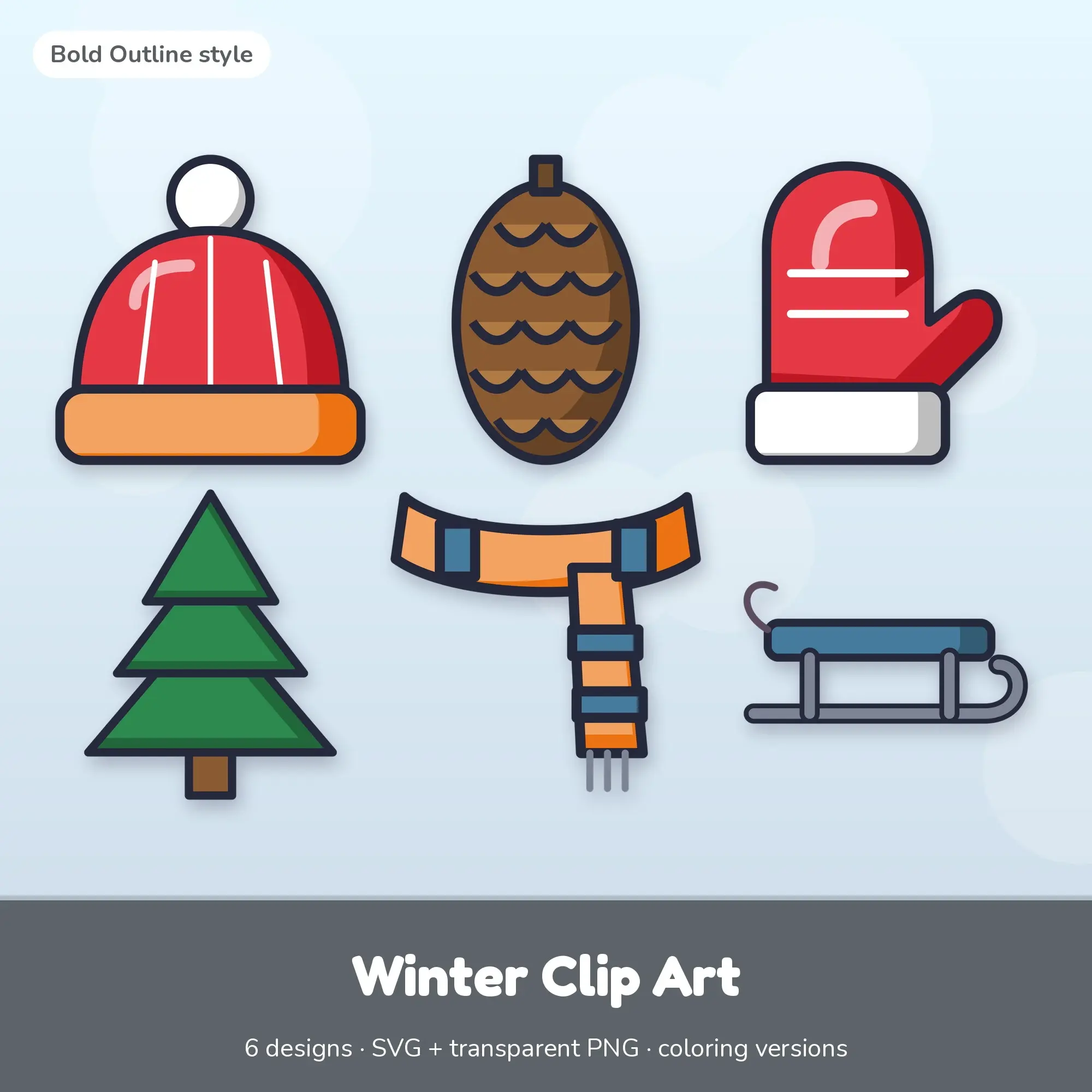 Winter Clip Art with Coloring Pages - 6 Bold Outline Designs preview