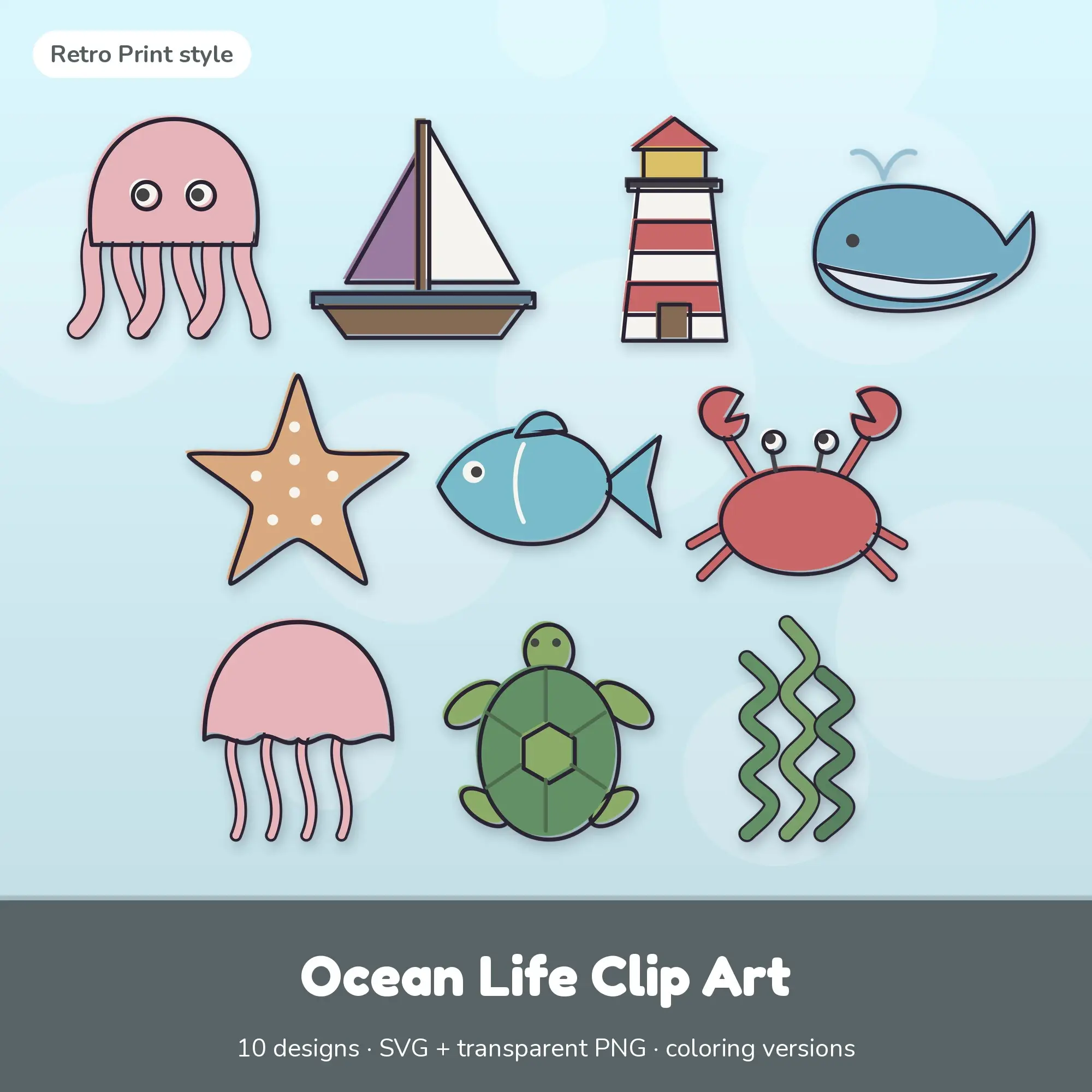 10 Ocean Life Clip Art Vectors - Octopus, Sailboat, Lighthouse preview