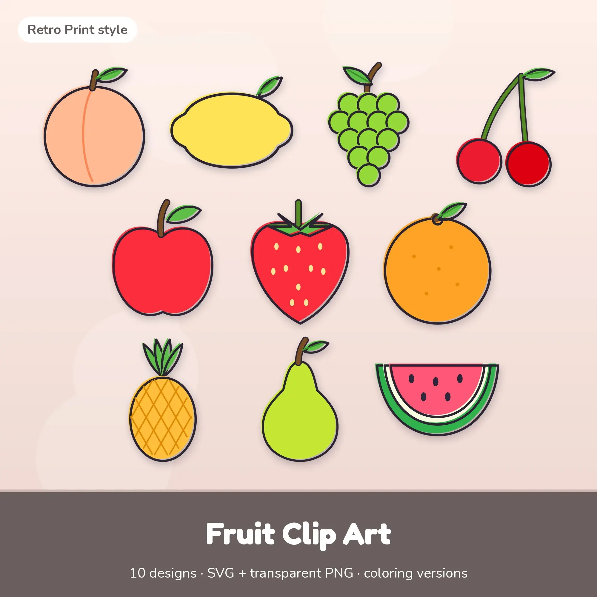 Retro Print Fruit Clipart Set: 10 Vector Designs, SVG PNG preview