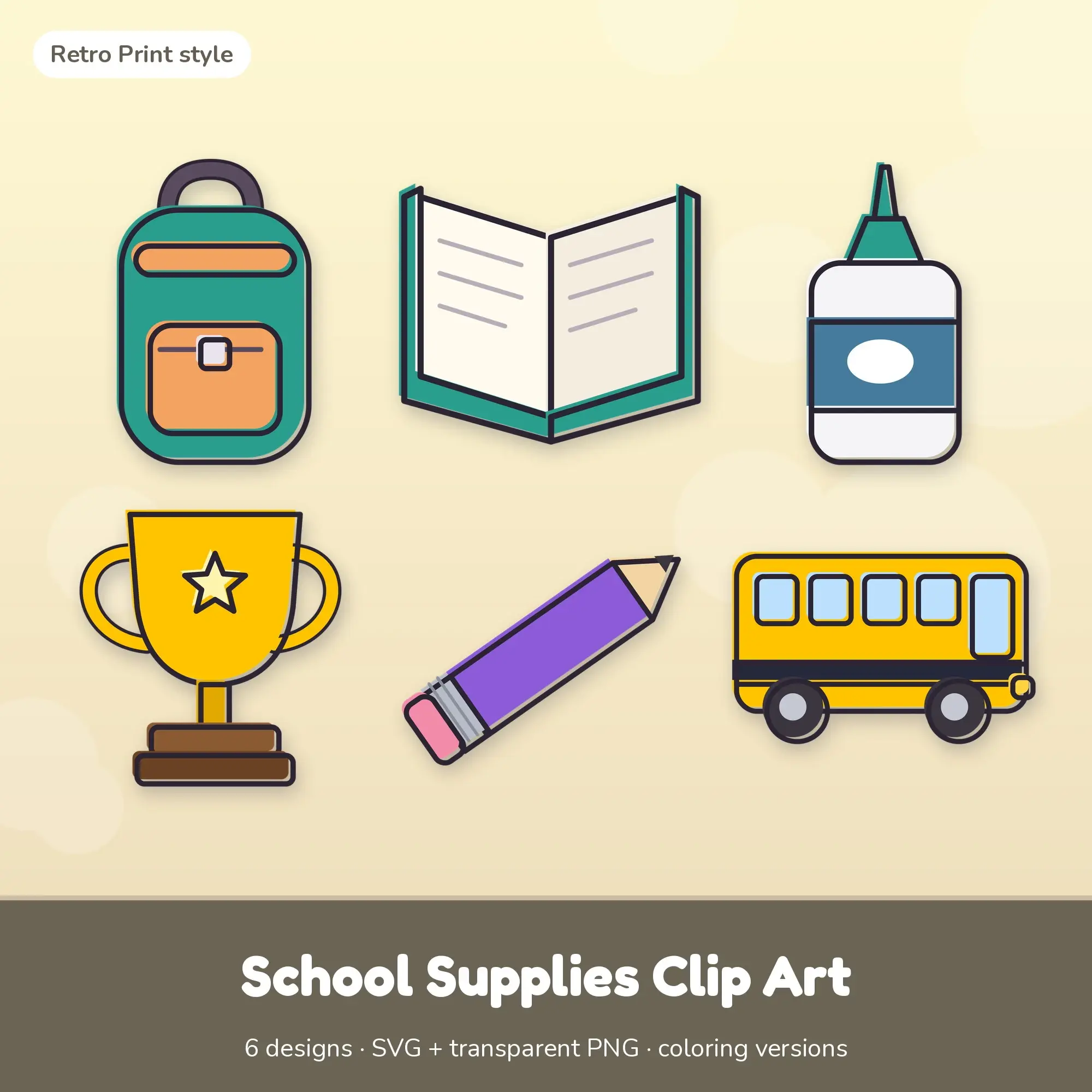 Retro Print School Supplies Clipart Set: 6 Vector Designs, SVG PNG preview