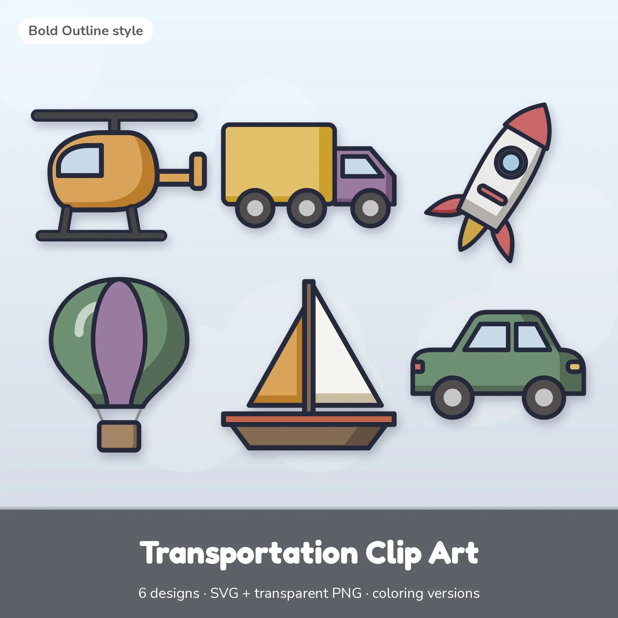 6 Transportation Clip Art Vectors - Helicopter, Truck, Rocket preview