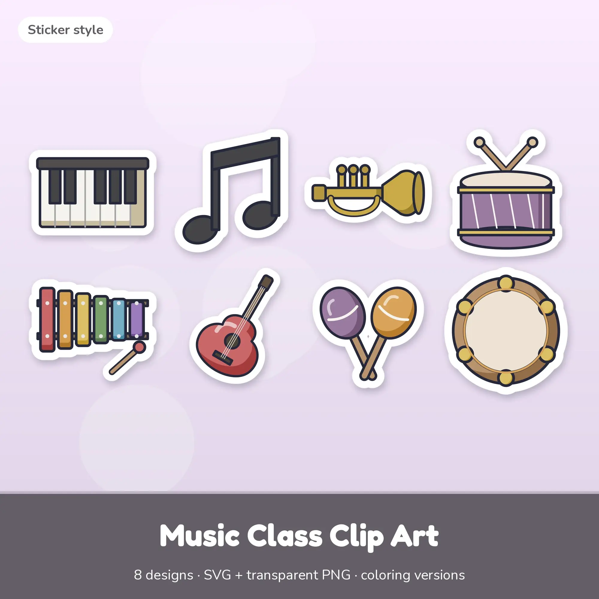 Sticker Music Class Clipart Set: 8 Vector Designs, SVG PNG preview