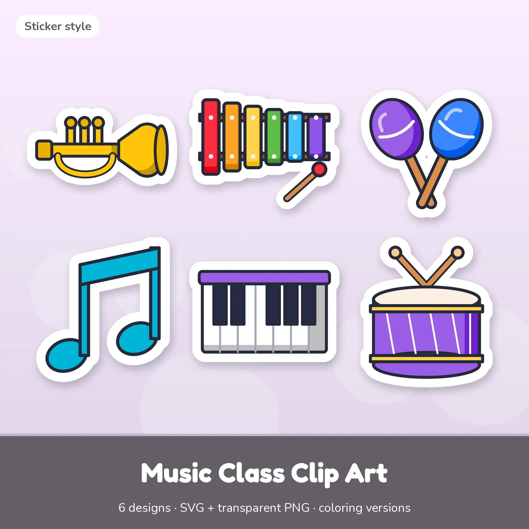 Music Class Clip Art with Coloring Pages - 6 Sticker Designs preview