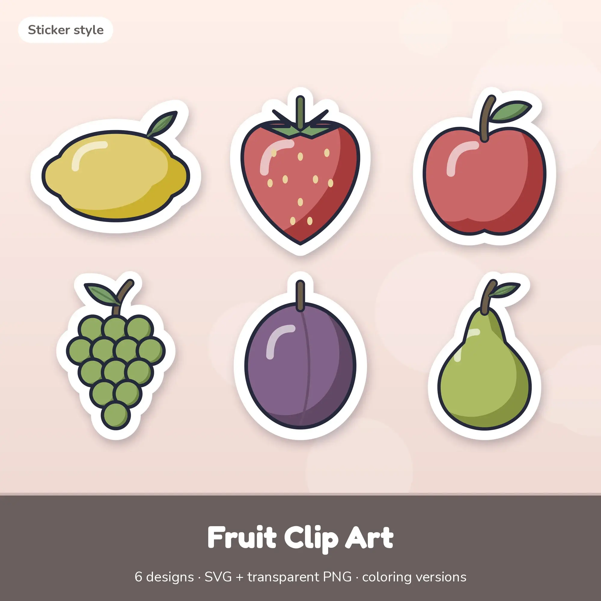 Muted Earthy Sticker Fruit Clipart - 6 SVG and PNG preview