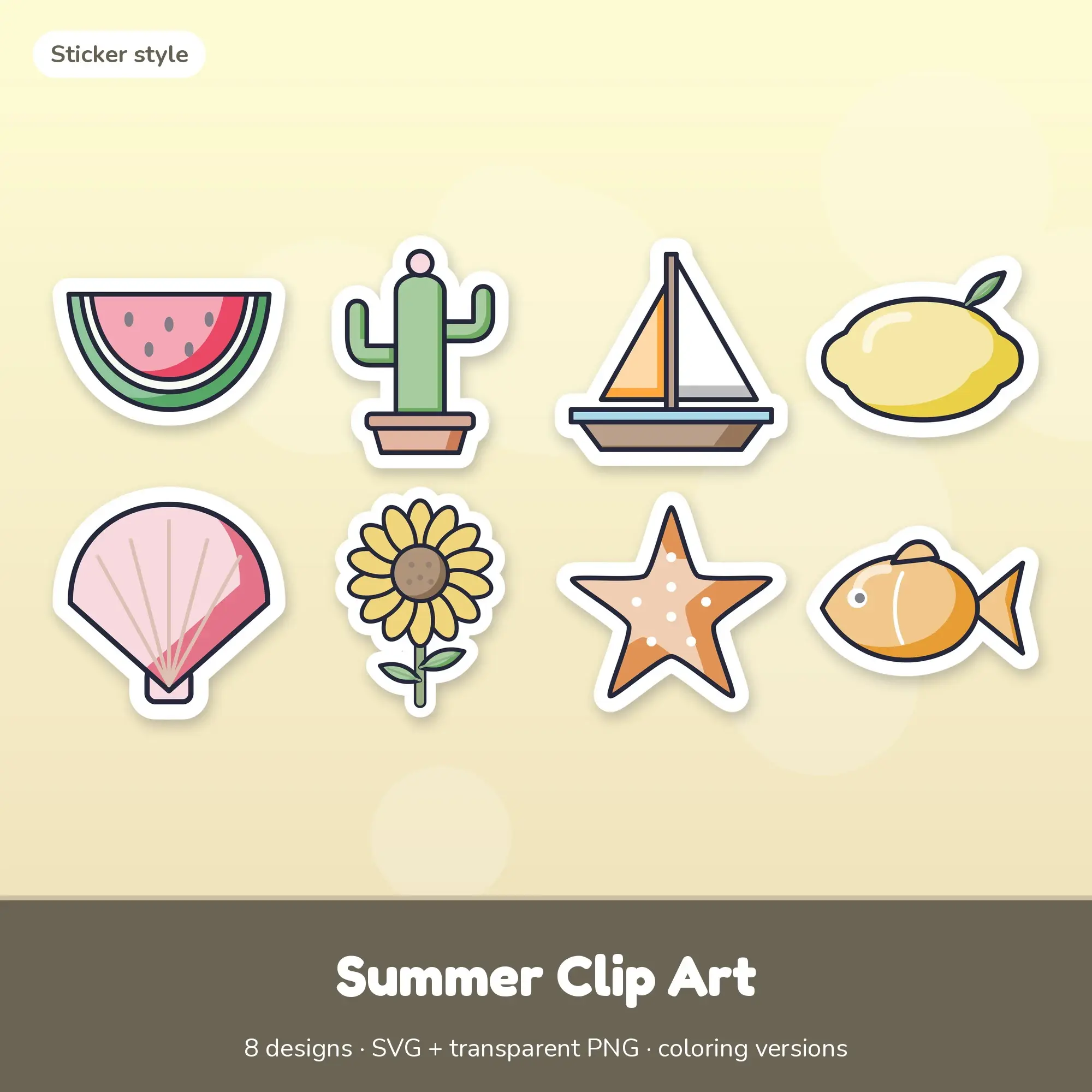 Sticker Summer Clipart Set: 8 Vector Designs, SVG PNG preview