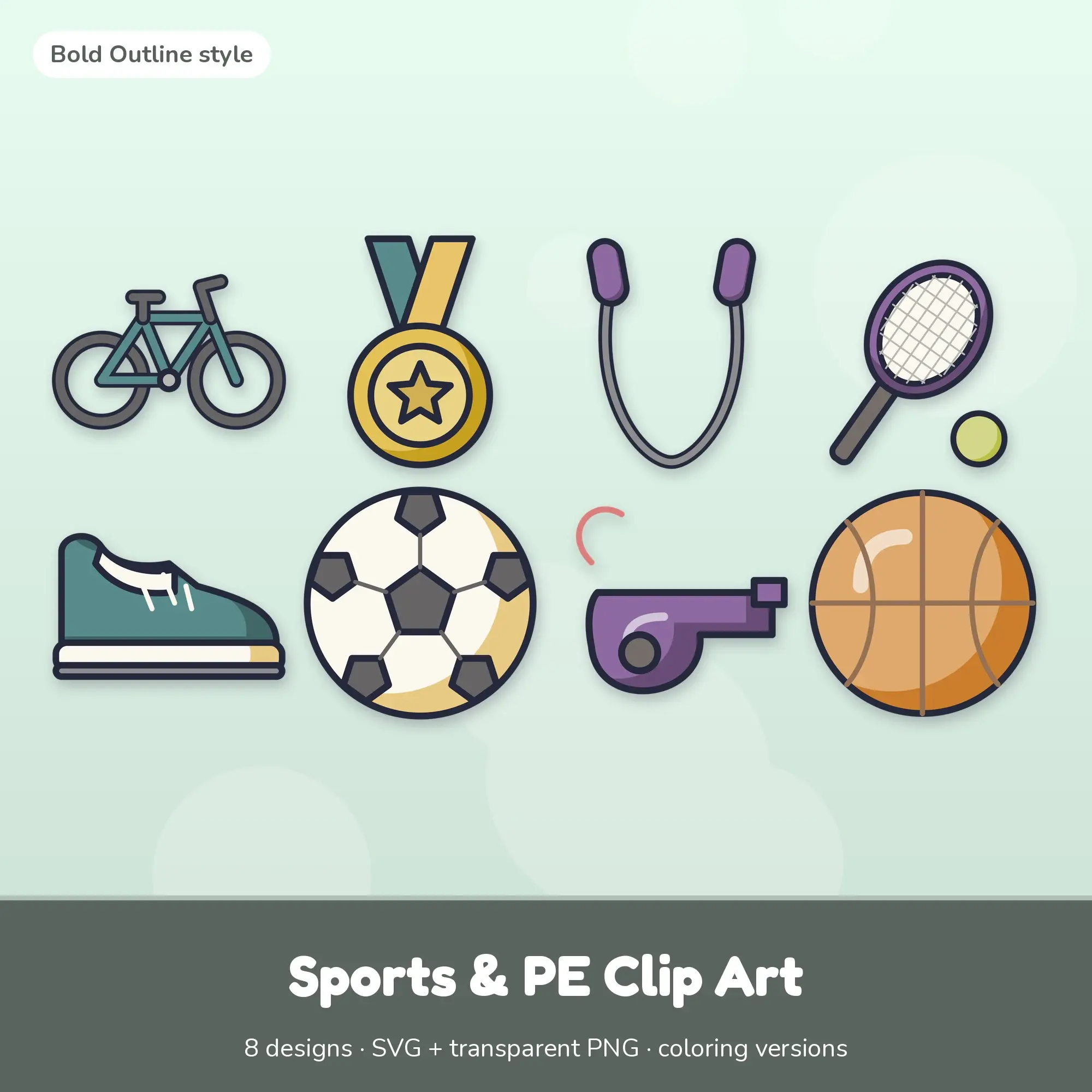 Bold Outline Sports & PE Clipart Set: 8 Vector Designs, SVG PNG preview