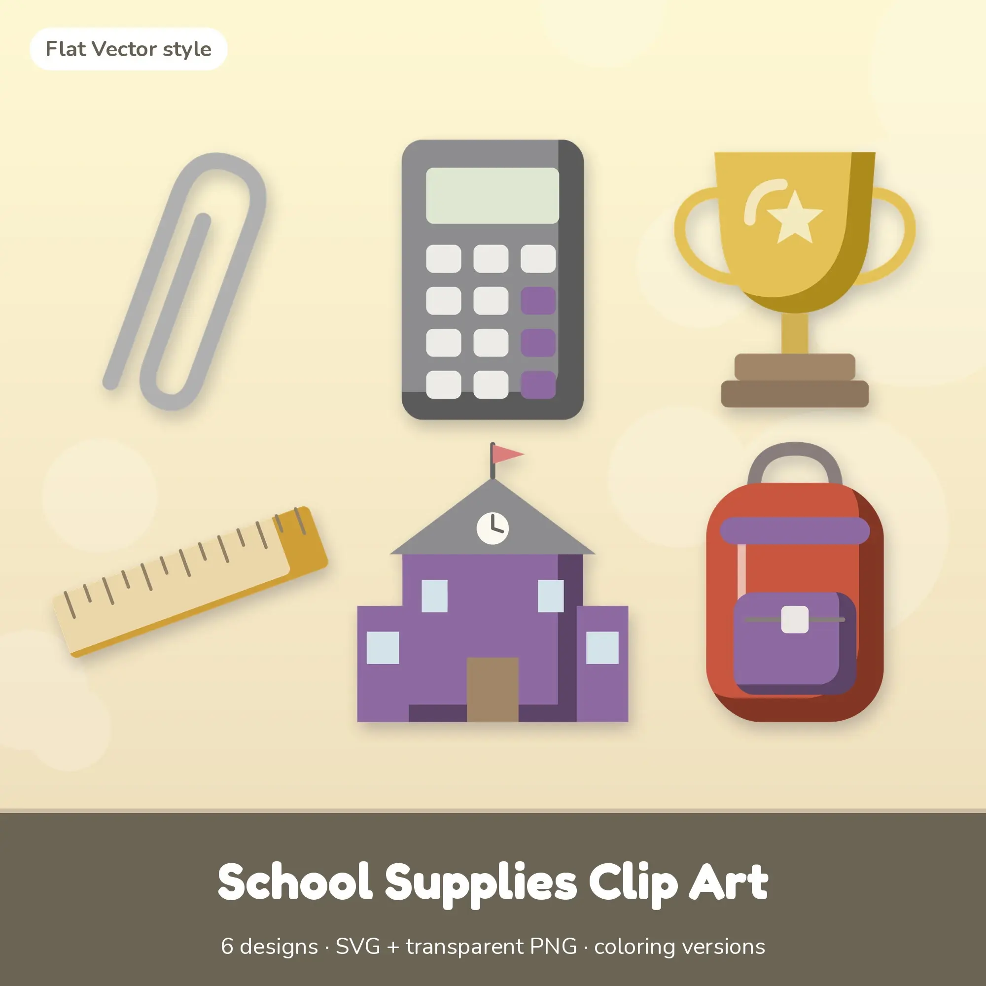 Vintage School Supplies Clip Art - 6 SVG + PNG Designs preview