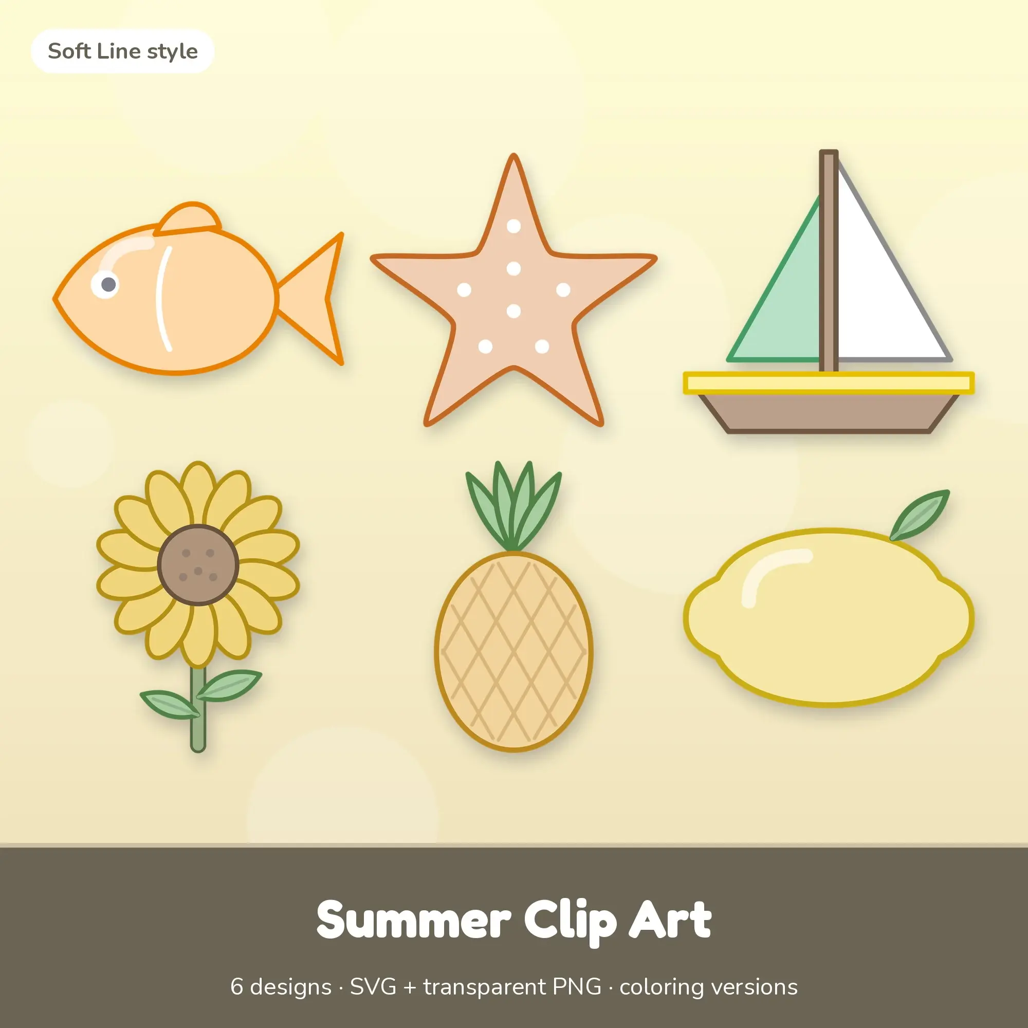 Summer Clip Art SVG & PNG - Fish, Starfish & More (Soft Line) preview