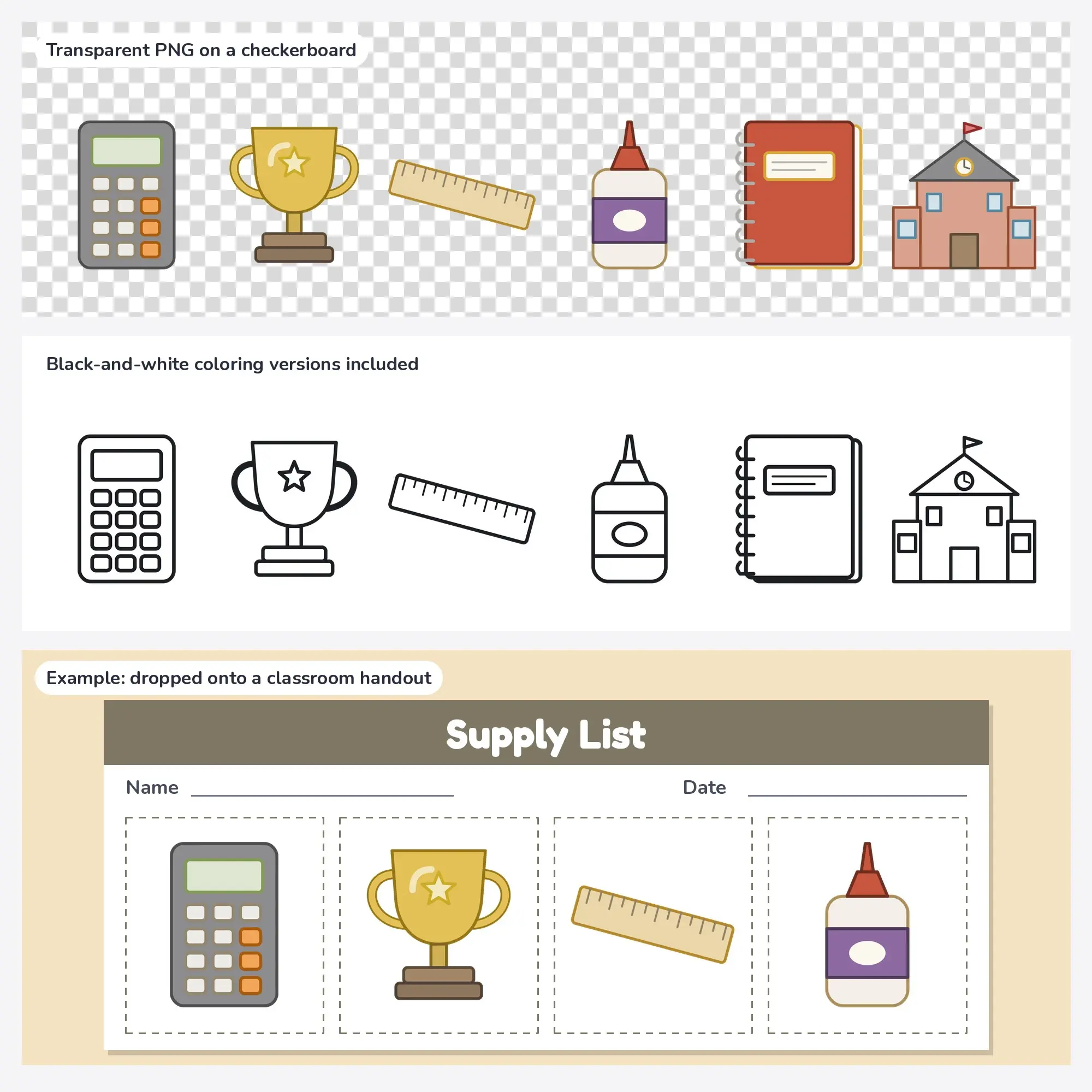 School Supplies Vector Clipart Bundle: Calculator, Trophy + 4 More, preview 2 of 2