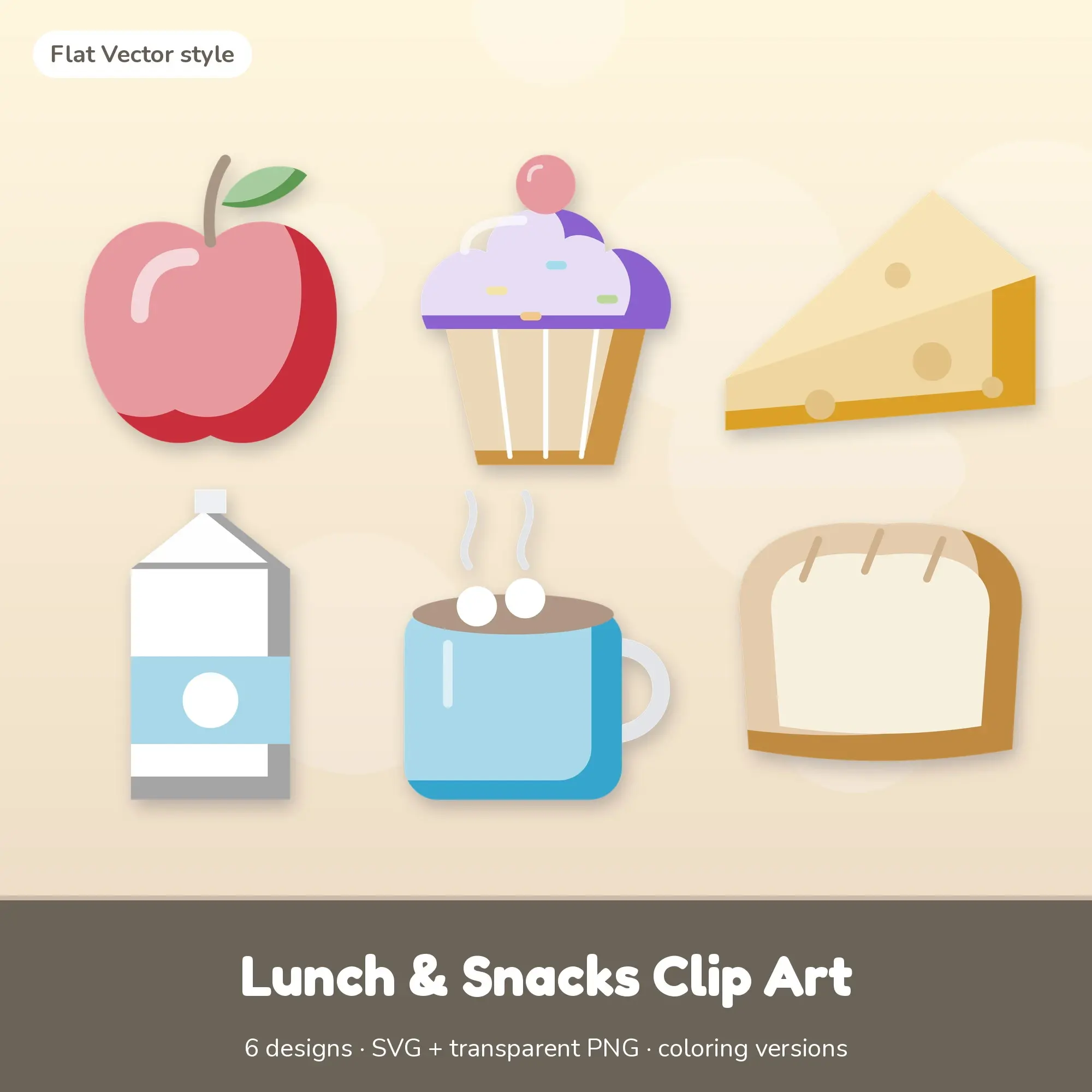 Lunch & Snacks Vector Clipart Bundle: Apple, Cupcake + 4 More preview