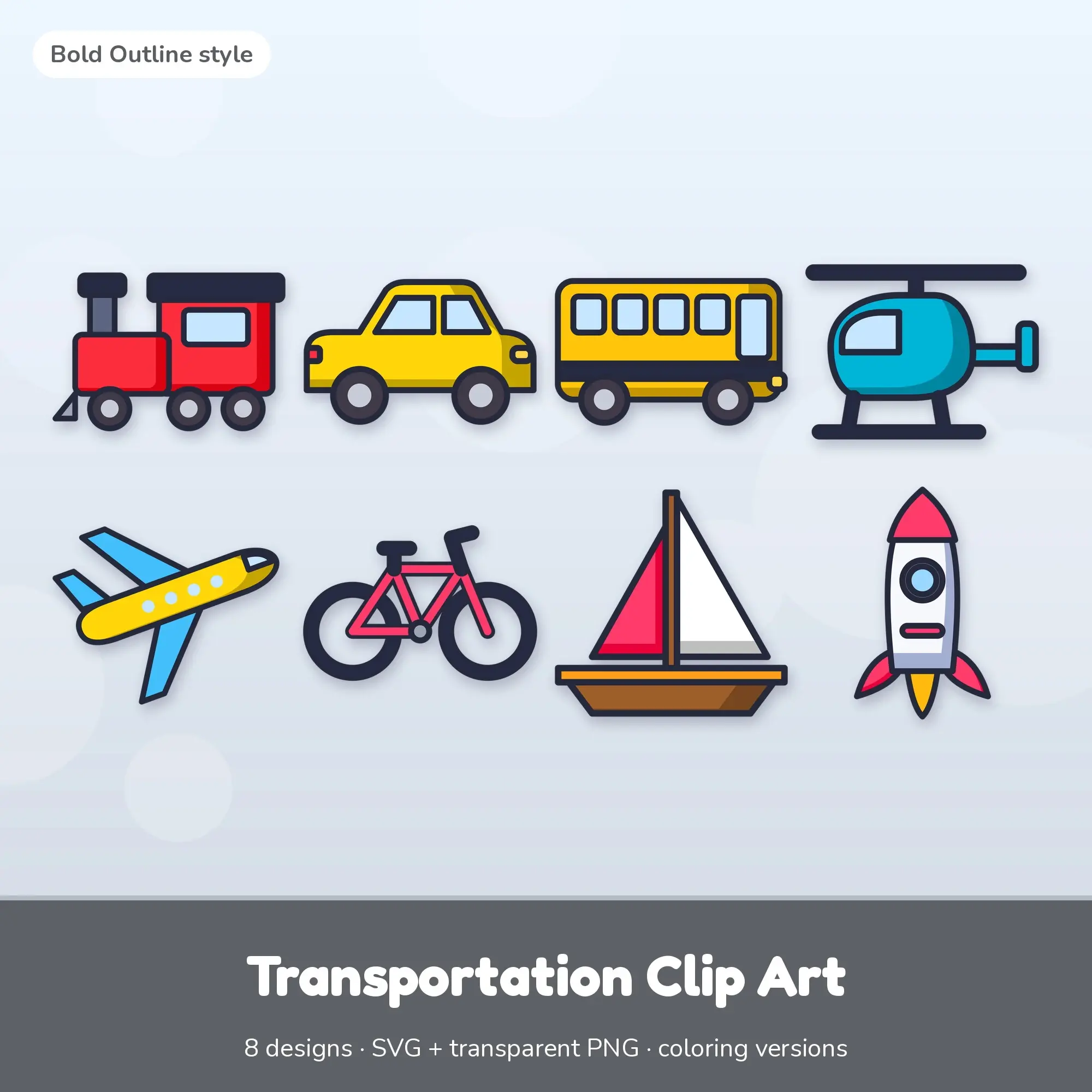 Vivid Pop Transportation Clip Art - 8 SVG + PNG Designs preview