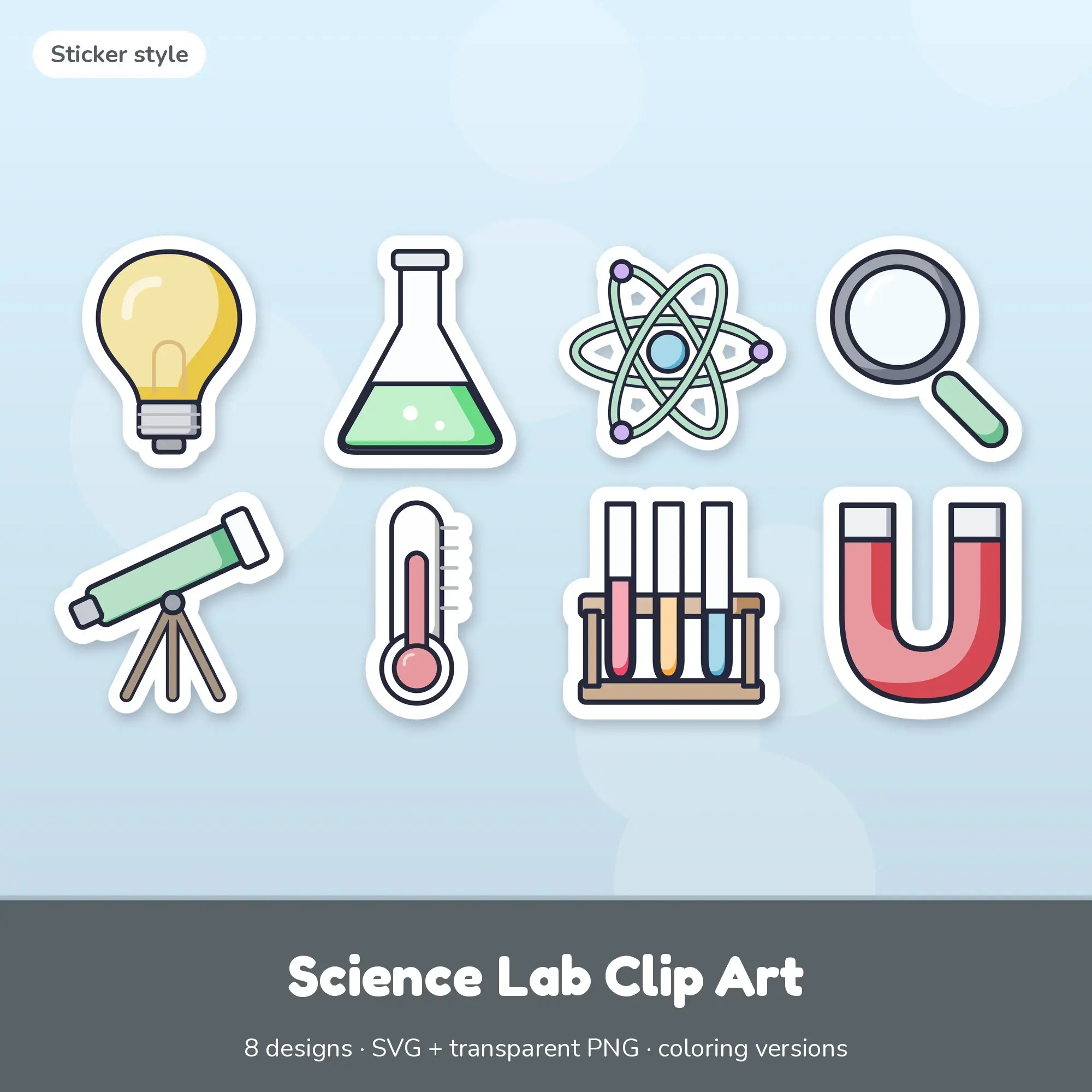 Science Lab Clip Art with Coloring Pages - 8 Sticker Designs preview