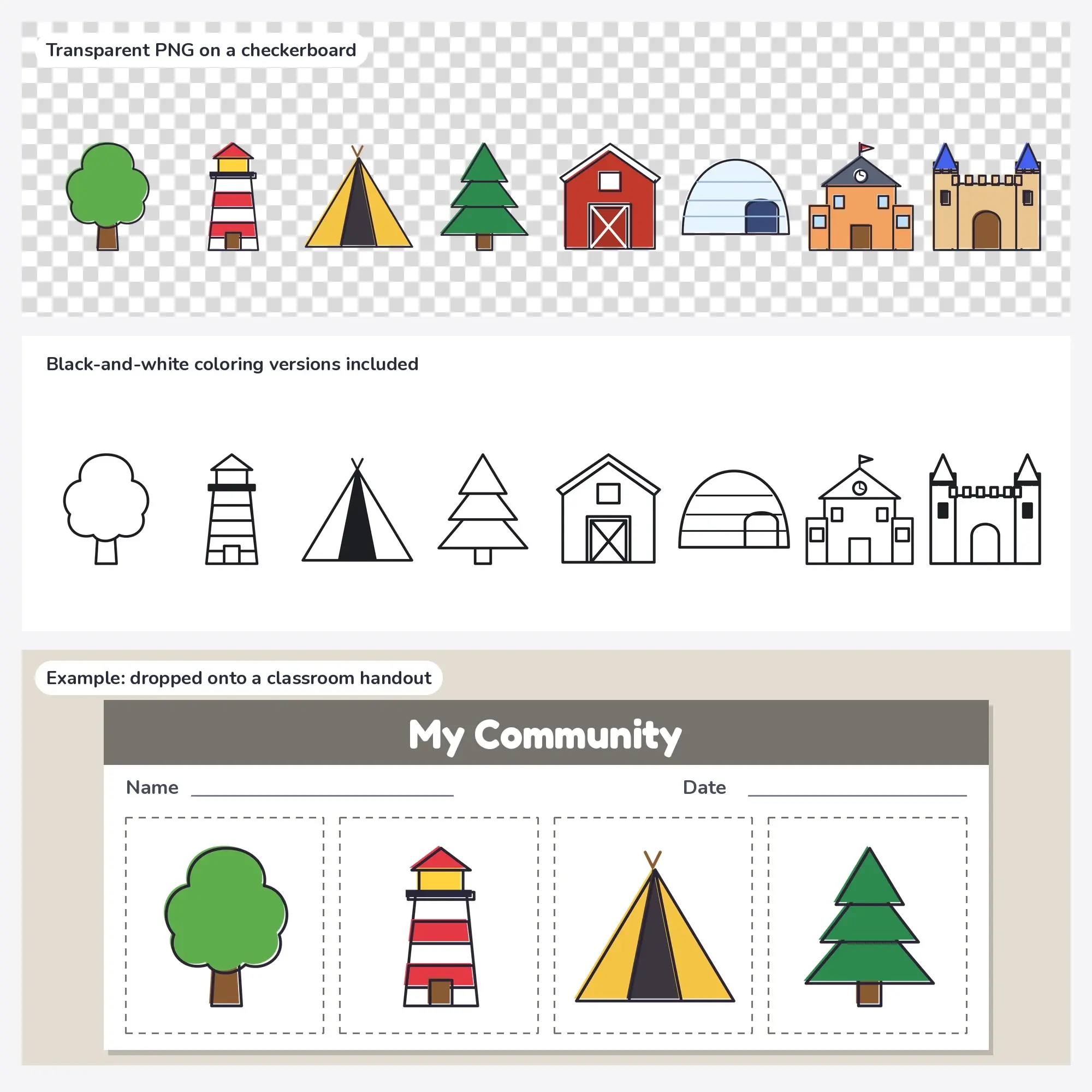 8 Places & Buildings Clip Art Vectors - Tree, Lighthouse, Tent, preview 2 of 2