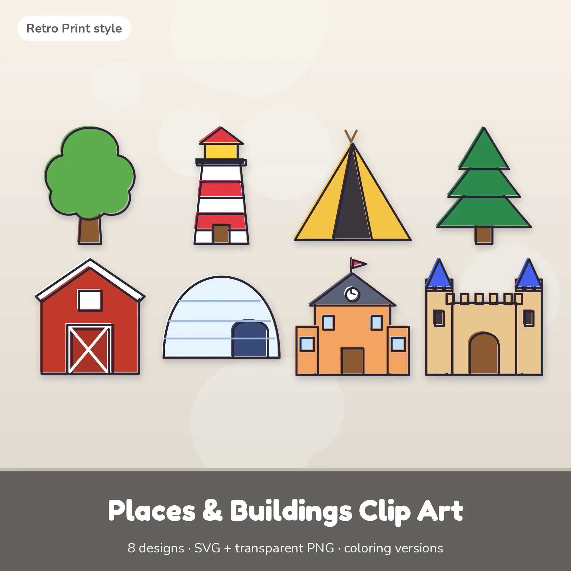 8 Places & Buildings Clip Art Vectors - Tree, Lighthouse, Tent preview
