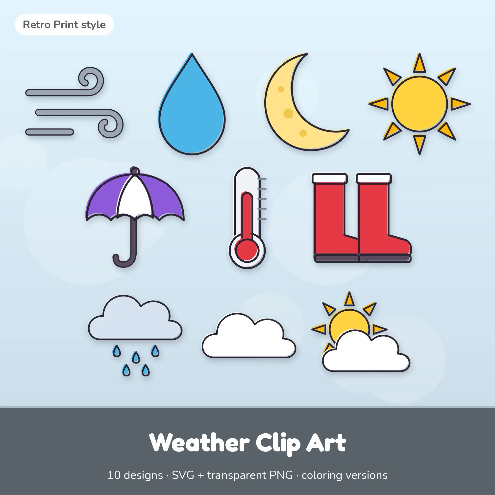 Classic Bright Retro Print Weather Clipart - 10 SVG and PNG preview