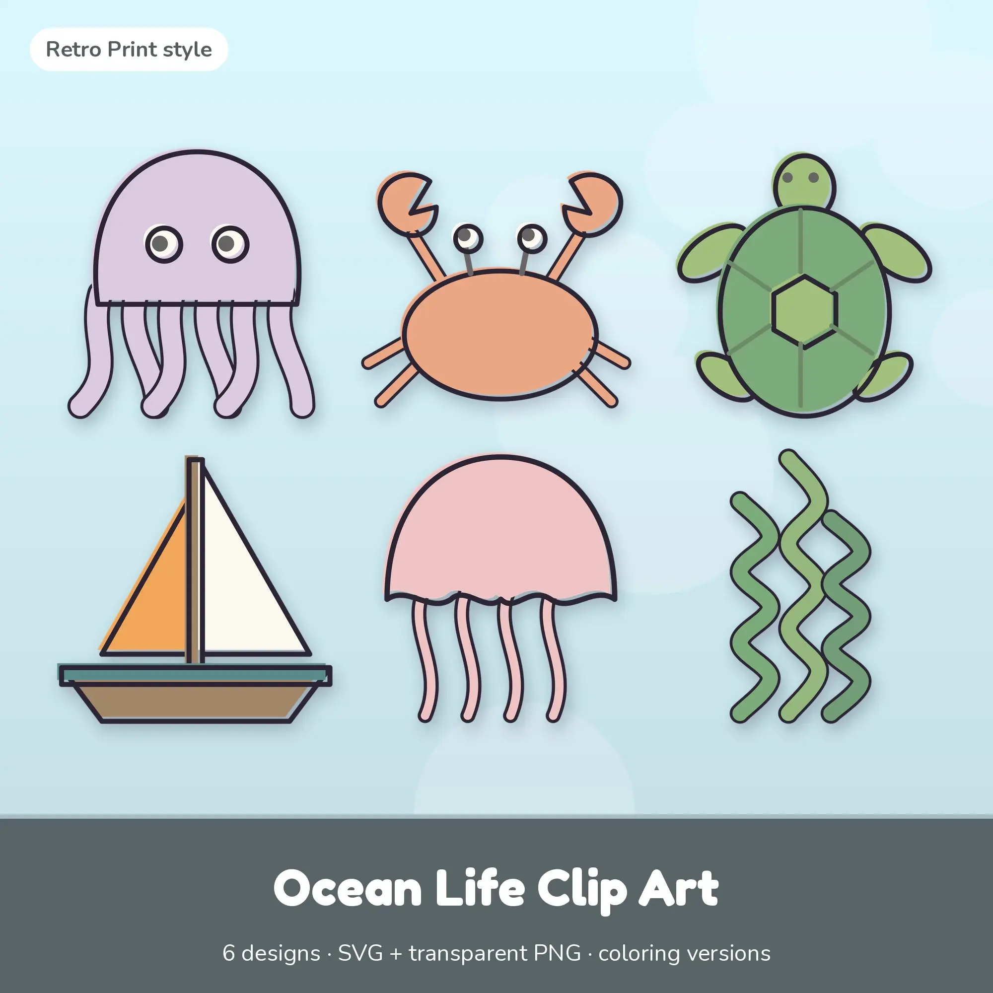 Vintage Retro Print Ocean Life Clipart - 6 SVG and PNG preview