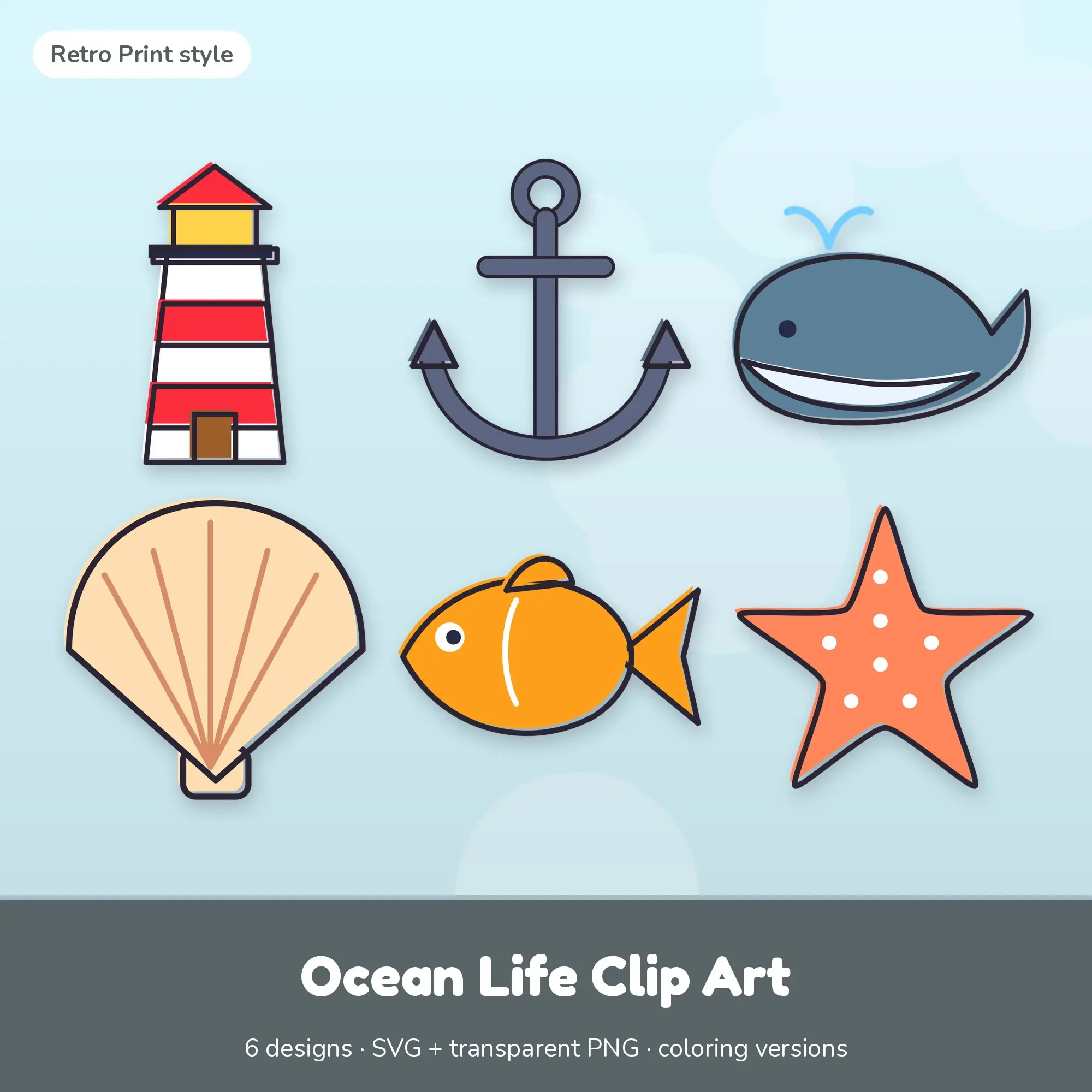 Ocean Life Vector Clipart Bundle: Lighthouse, Anchor + 4 More preview
