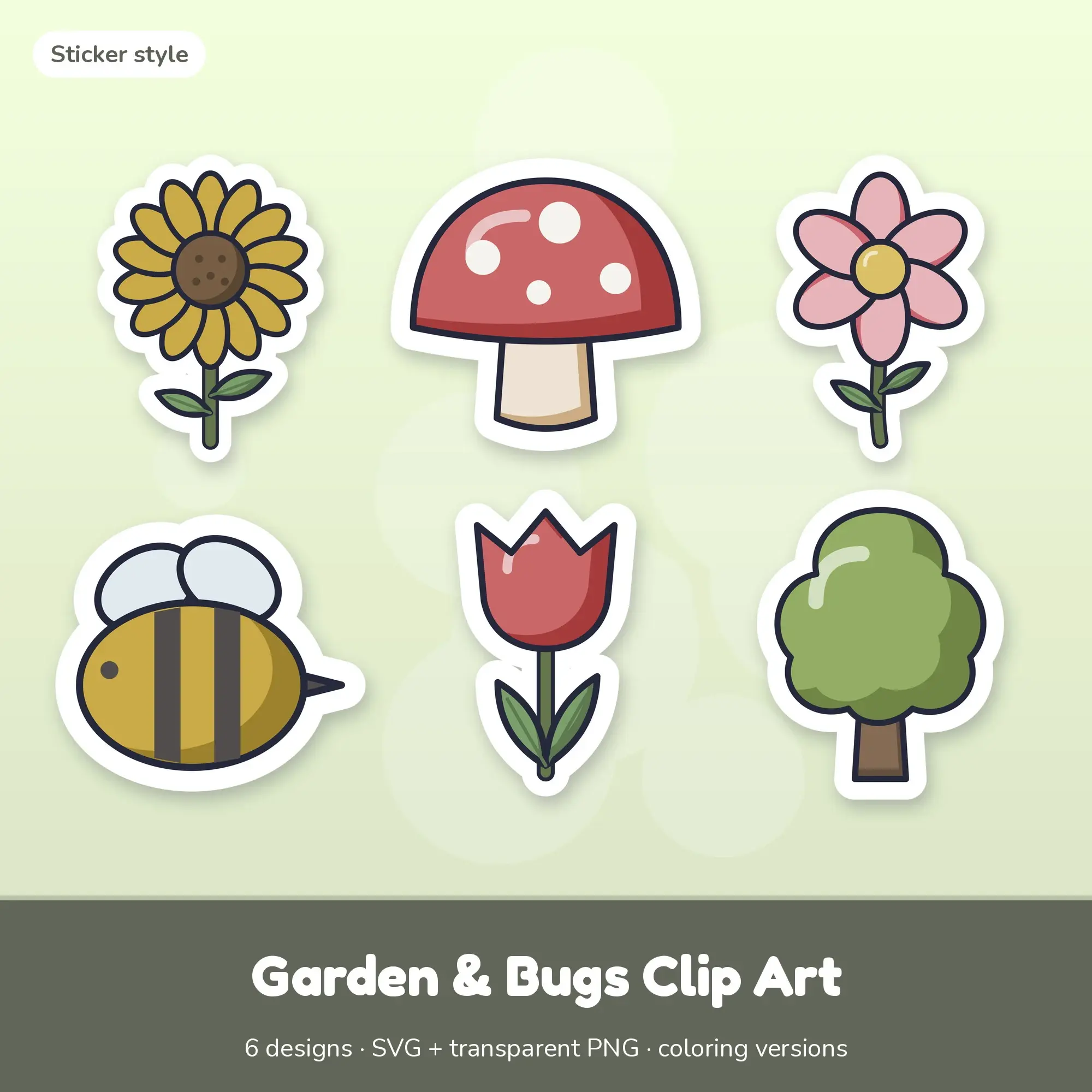 Muted Earthy Sticker Garden & Bugs Clipart - 6 SVG and PNG preview