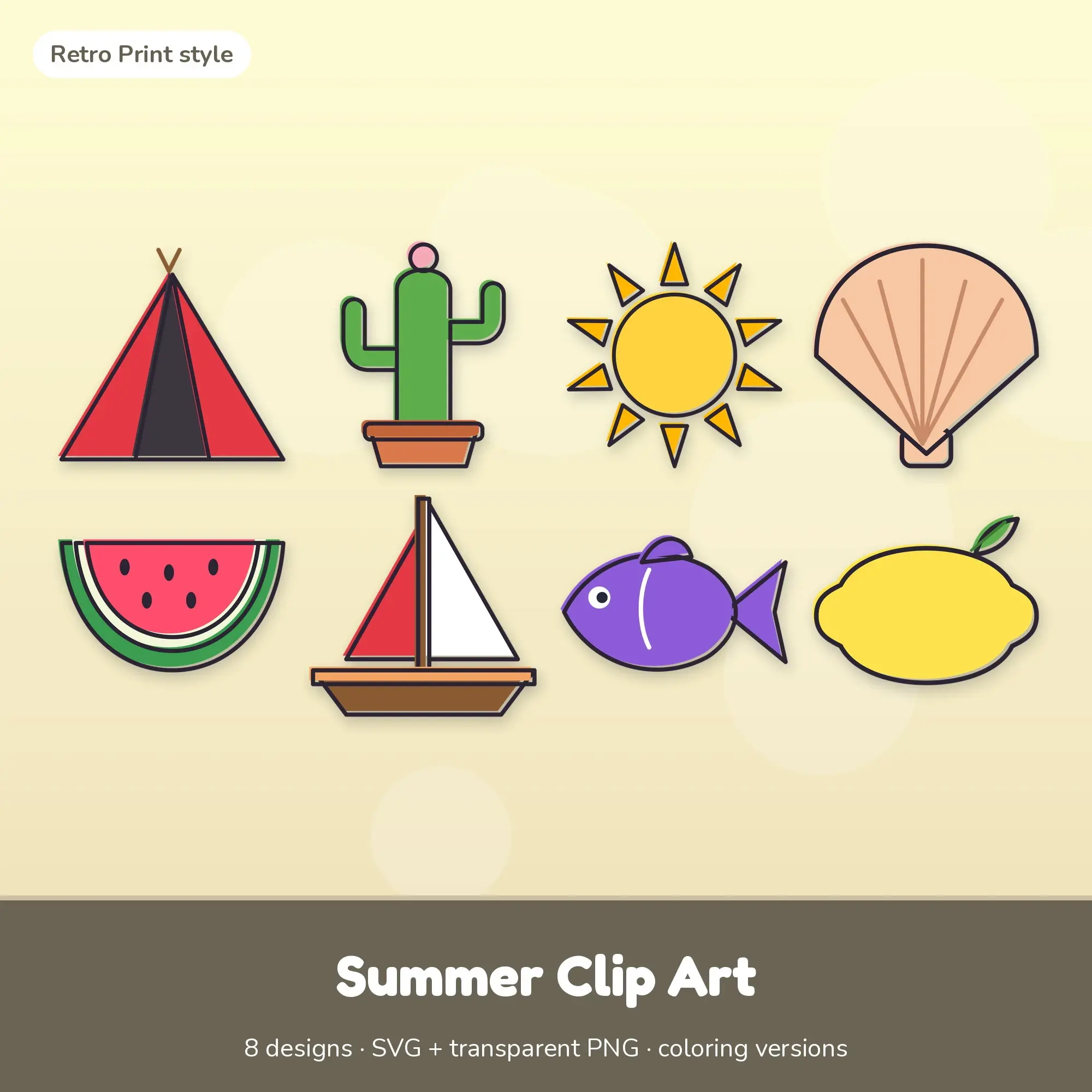 Summer Clip Art SVG & PNG - Tent, Cactus & More (Retro Print) preview