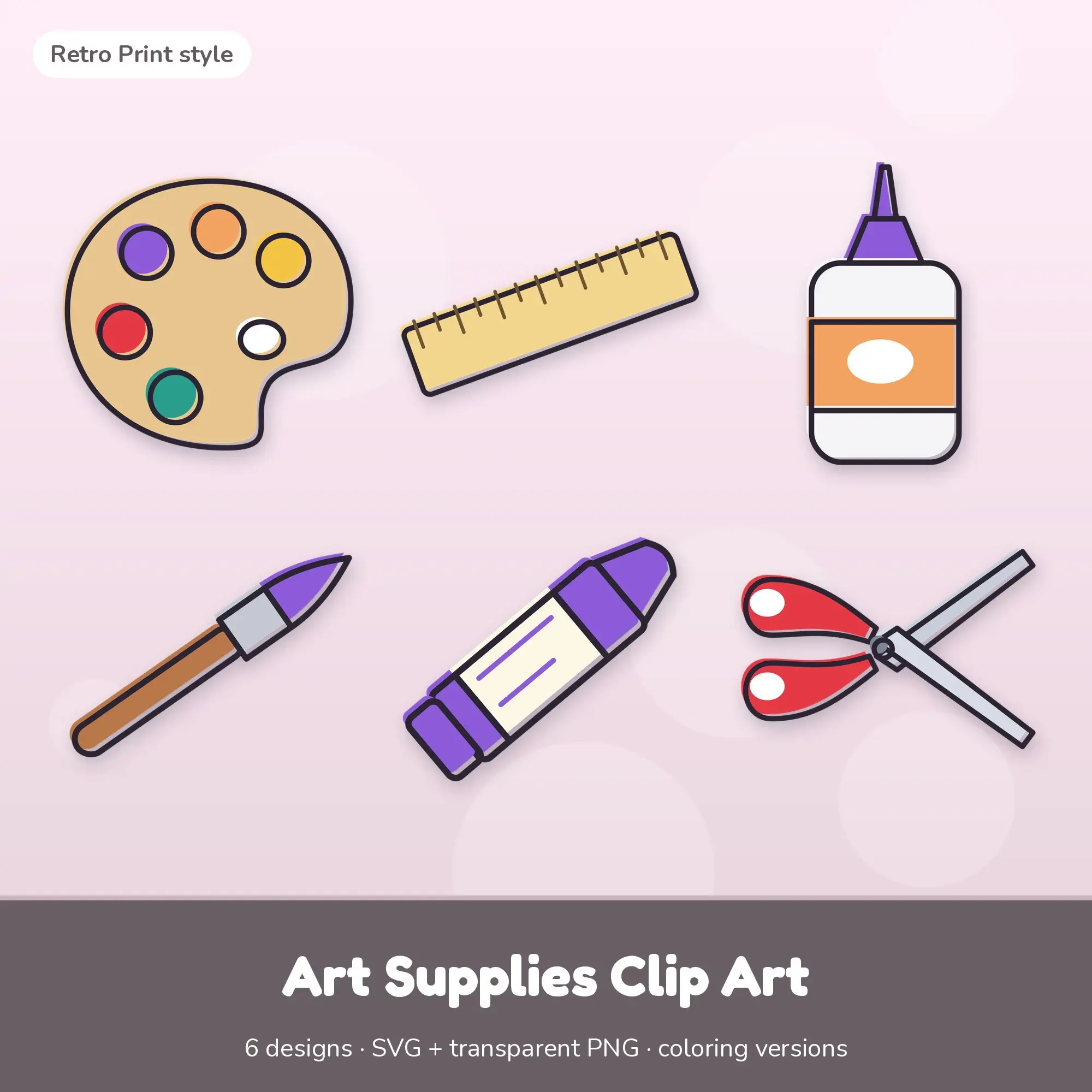 6 Art Supplies Clip Art Vectors - Paint Palette, Ruler, Glue Bottle preview