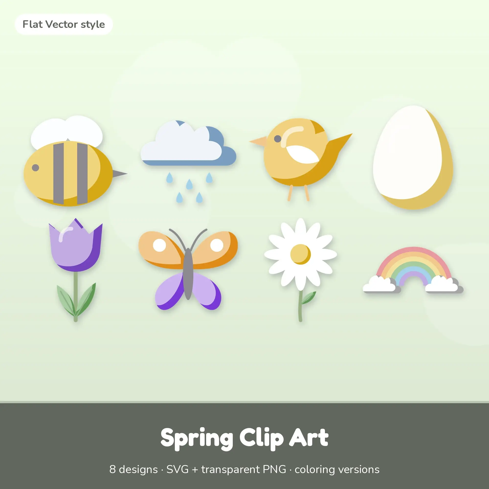 Spring Clip Art with Coloring Pages - 8 Flat Vector Designs preview