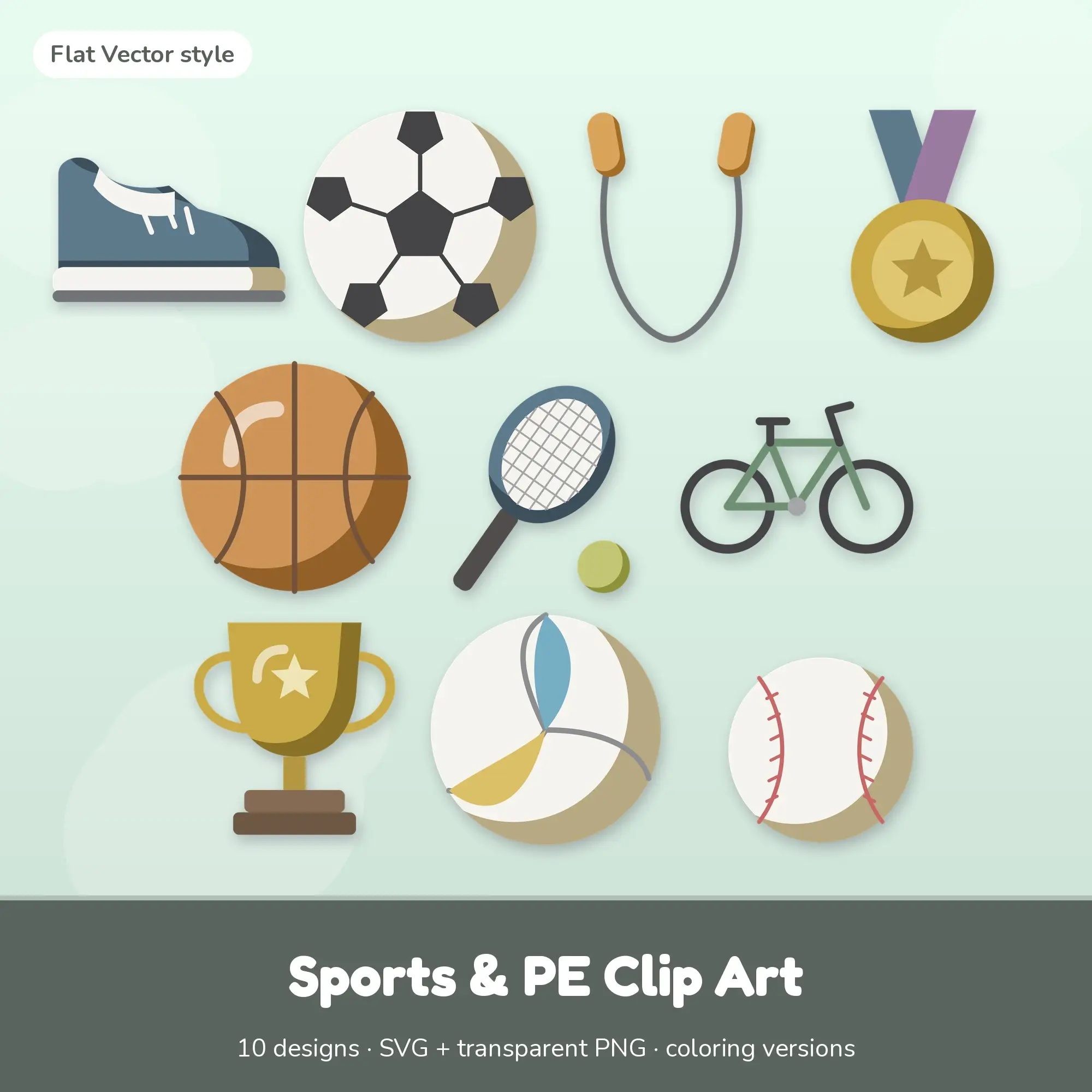 Sports & PE Clip Art with Coloring Pages - 10 Flat Vector Designs preview