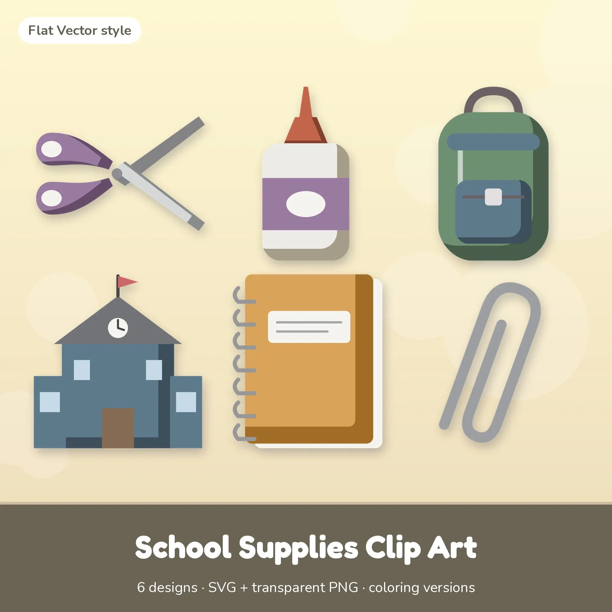 School Supplies Vector Clipart Bundle: Scissors, Glue Bottle + 4 More preview