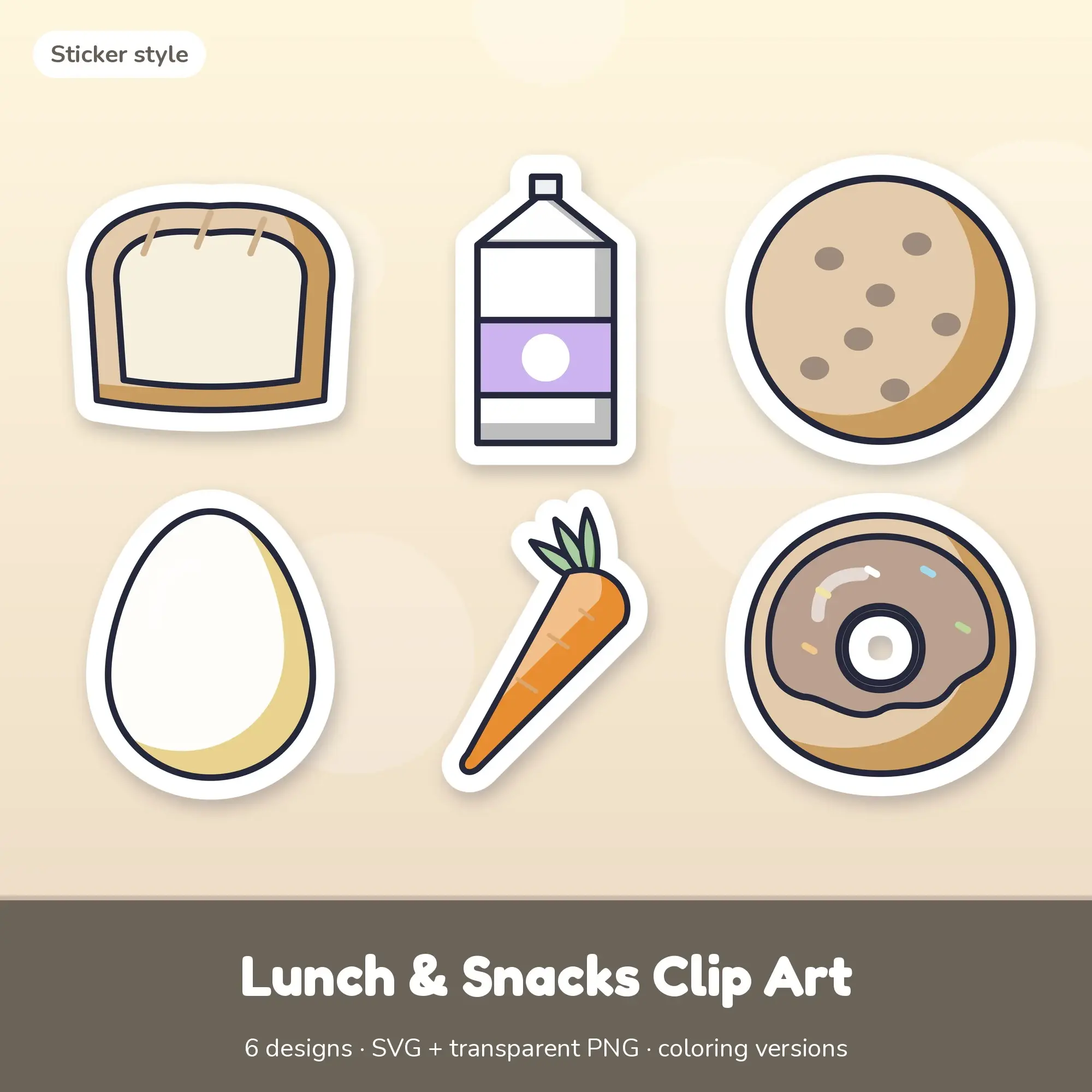 Bread Loaf & Milk Carton Lunch & Snacks Clip Art, Sticker SVG PNG Set preview