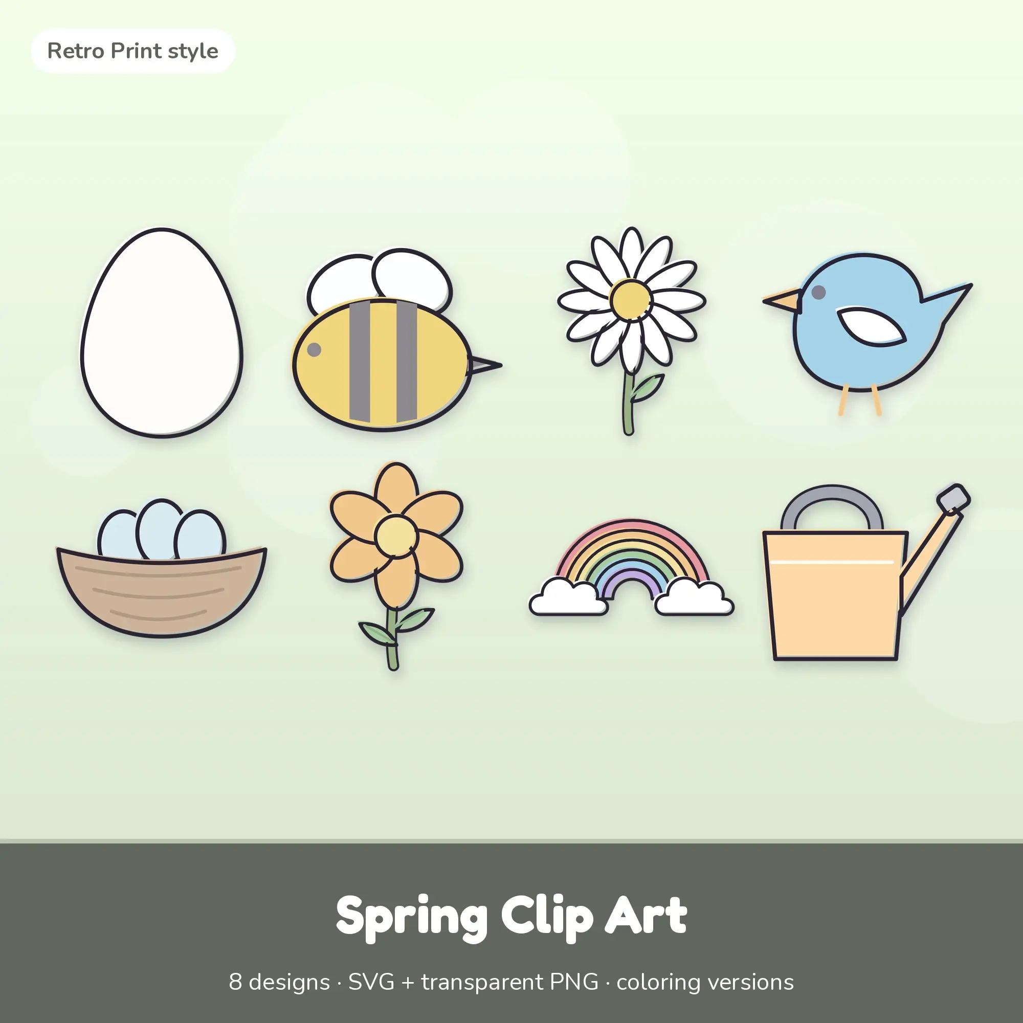 Retro Print Spring Clipart Set: 8 Vector Designs, SVG PNG preview