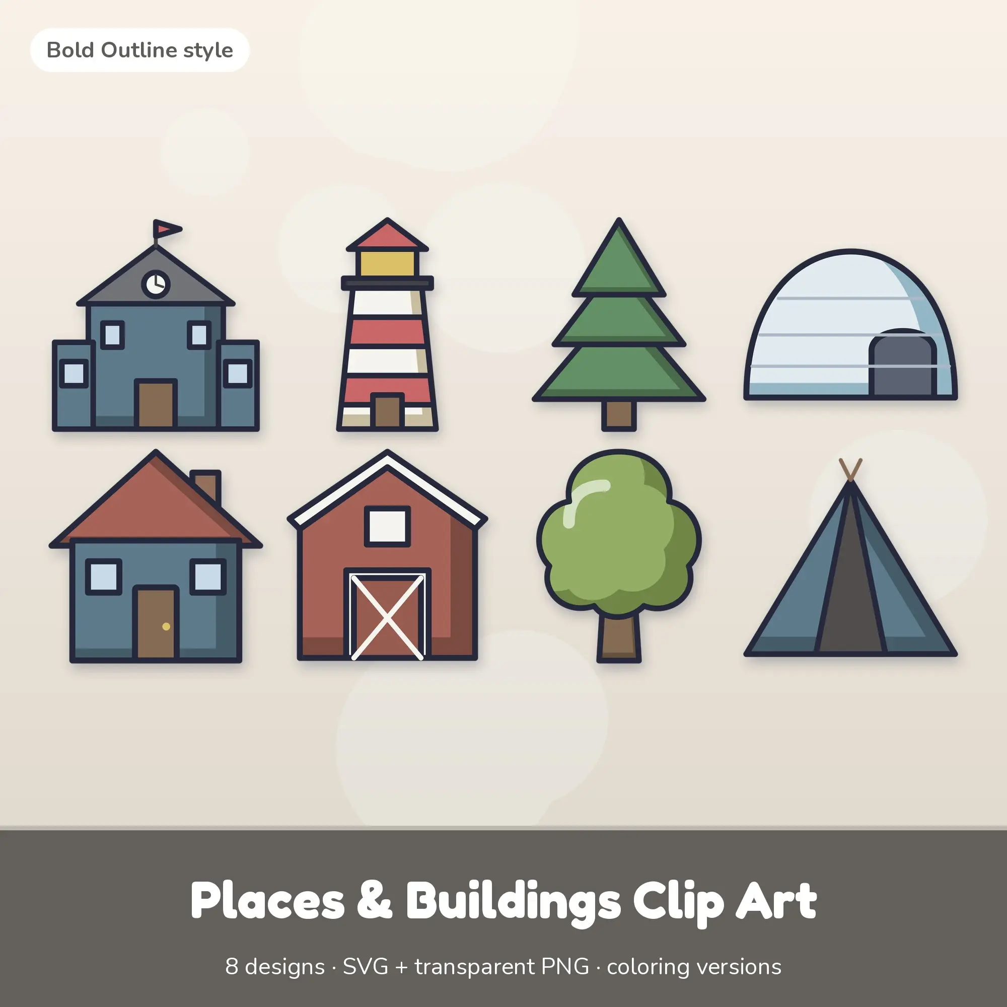 Muted Earthy Bold Outline Places & Buildings Clipart - 8 SVG and PNG preview