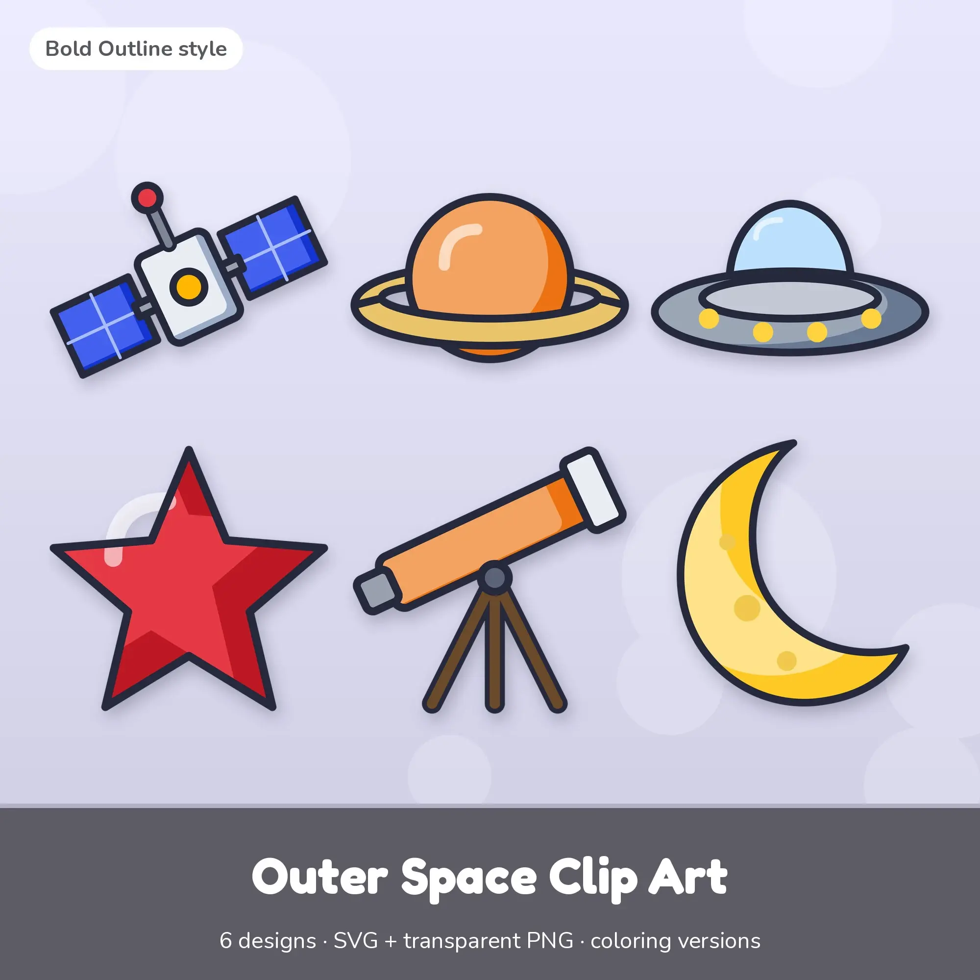Bold Outline Outer Space Clipart Set: 6 Vector Designs, SVG PNG preview