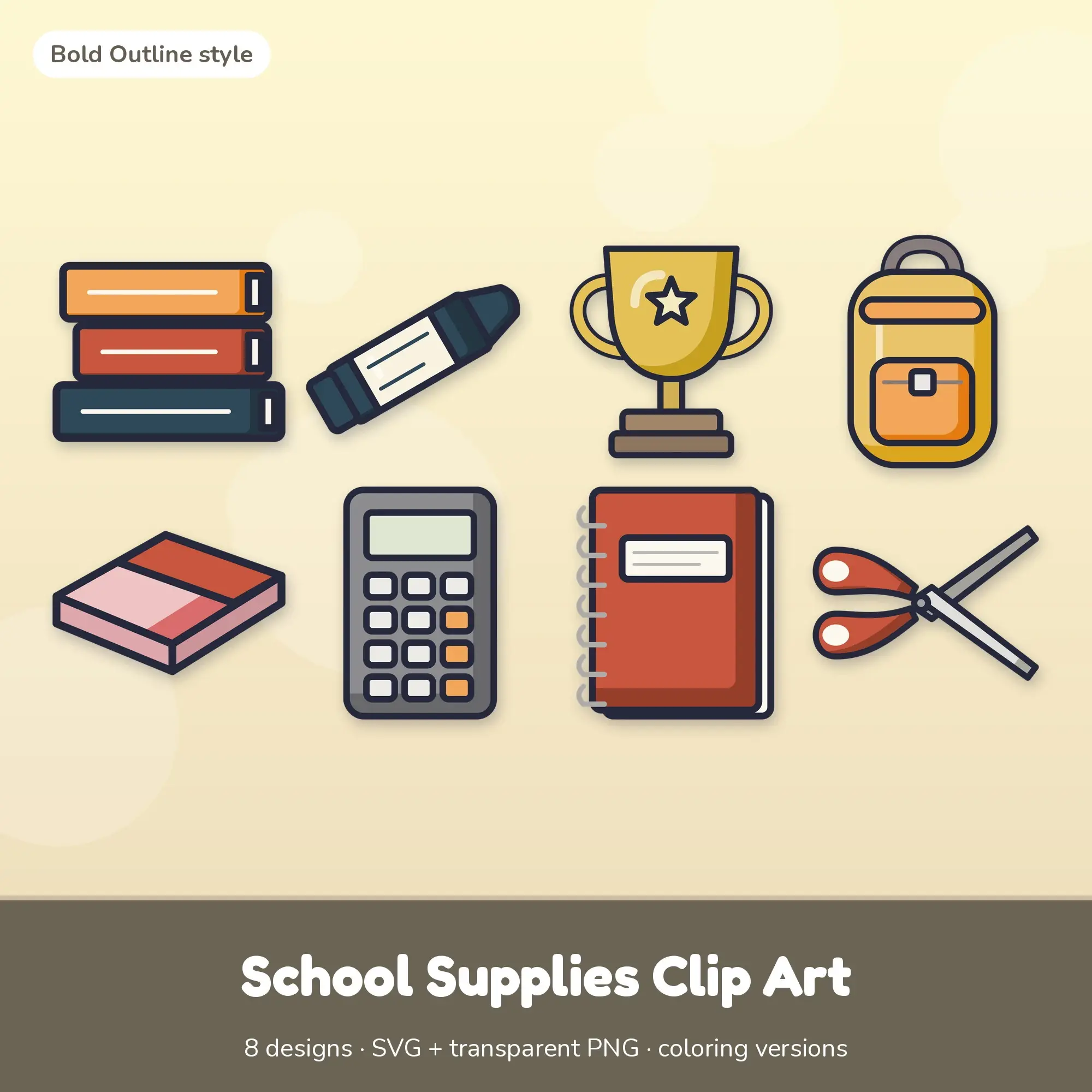 Bold Outline School Supplies Clipart Set: 8 Vector Designs, SVG PNG preview