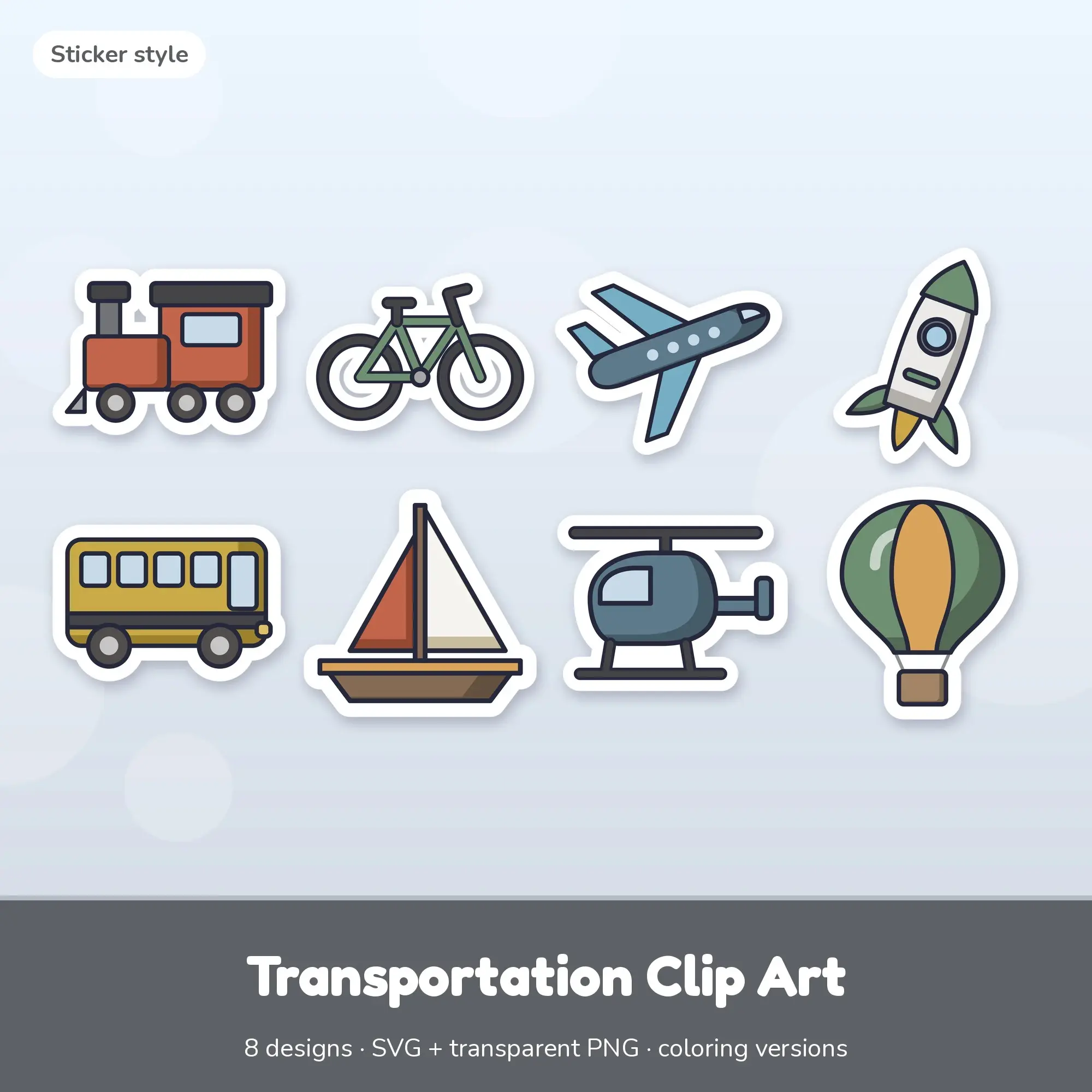 8 Transportation Clip Art Vectors - Train, Bicycle, Airplane preview