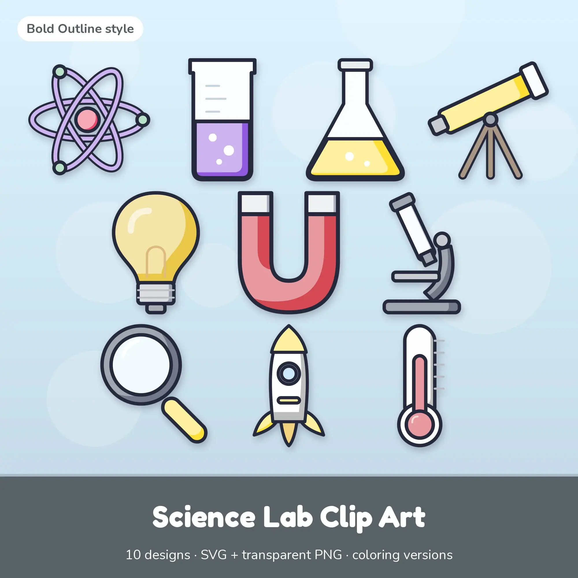 Science Lab Clip Art SVG & PNG - Atom, Beaker & More (Bold Outline) preview
