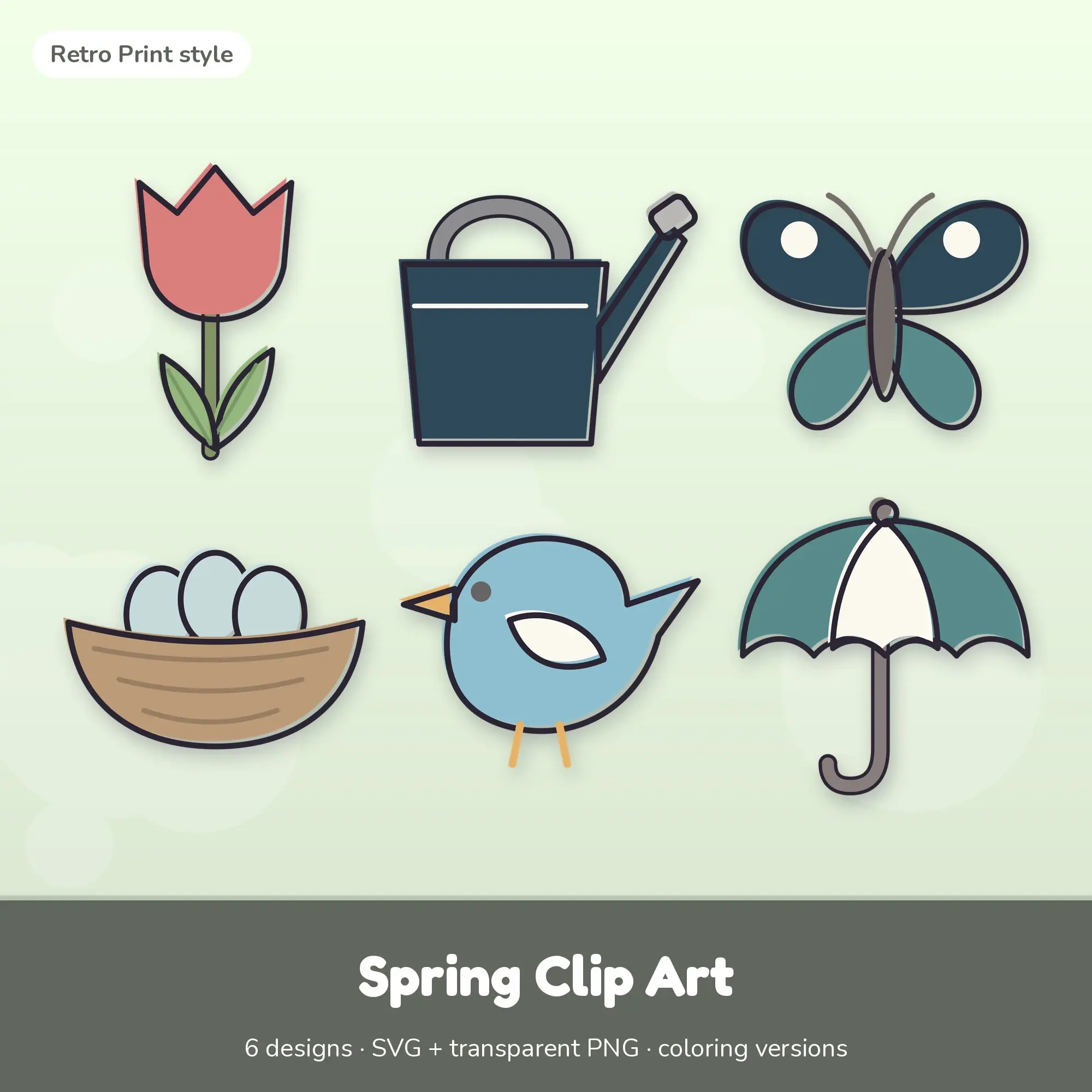 Retro Print Spring Clipart Set: 6 Vector Designs, SVG PNG preview