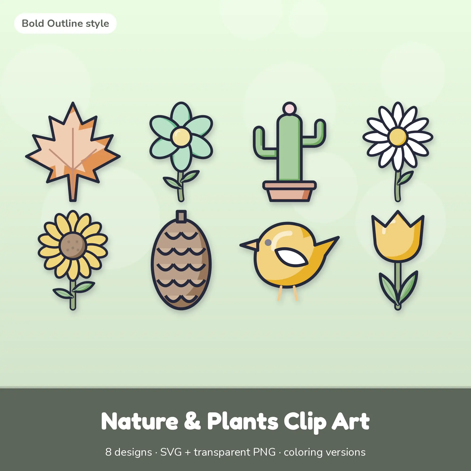 Soft Pastel Bold Outline Nature & Plants Clipart - 8 SVG and PNG preview