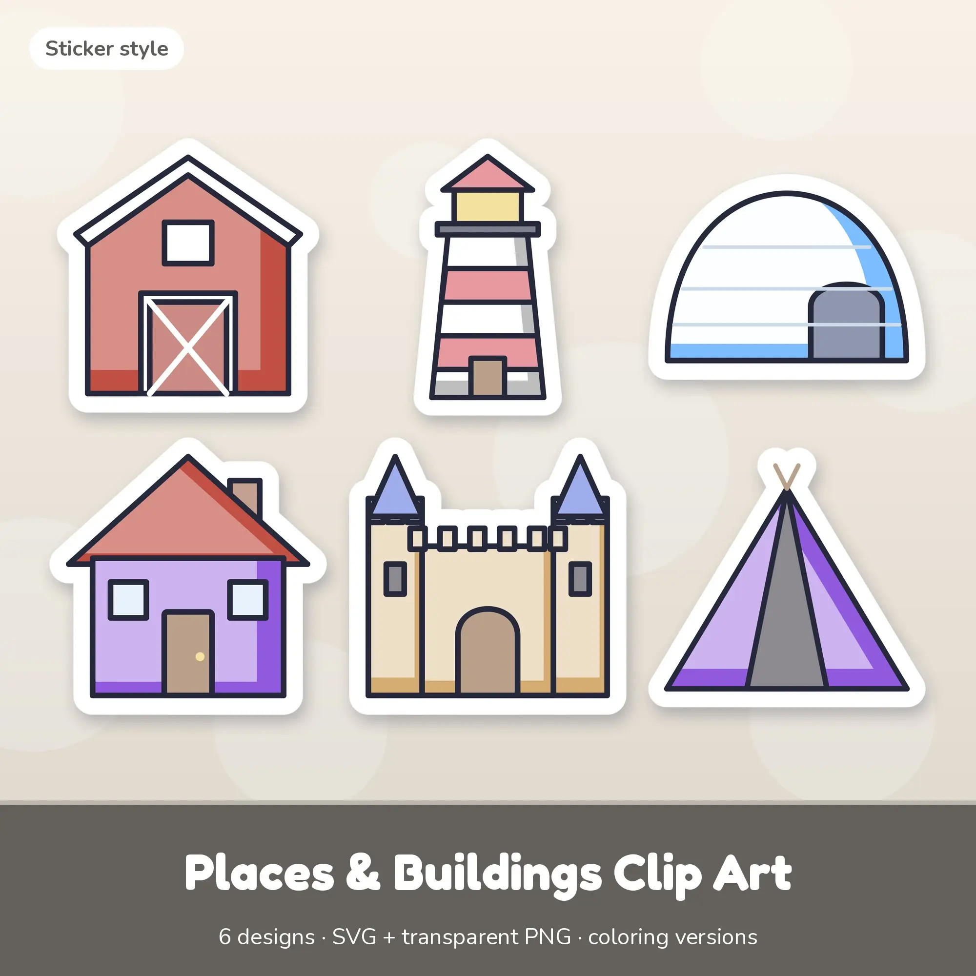 Sticker Places & Buildings Clipart Set: 6 Vector Designs, SVG PNG preview