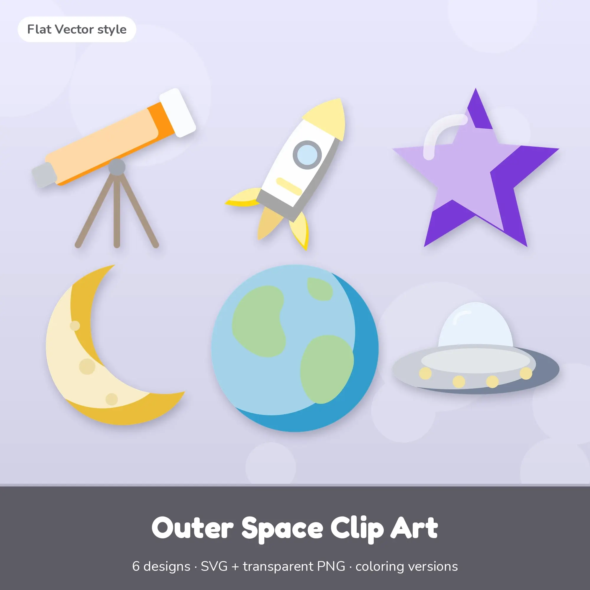 Outer Space Clip Art with Coloring Pages - 6 Flat Vector Designs preview