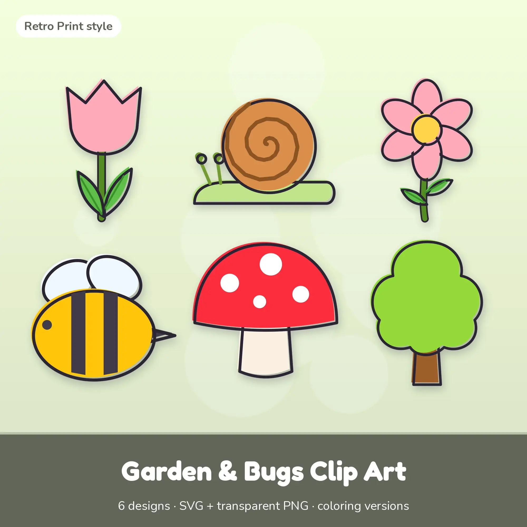 Garden & Bugs Clip Art with Coloring Pages - 6 Retro Print Designs preview
