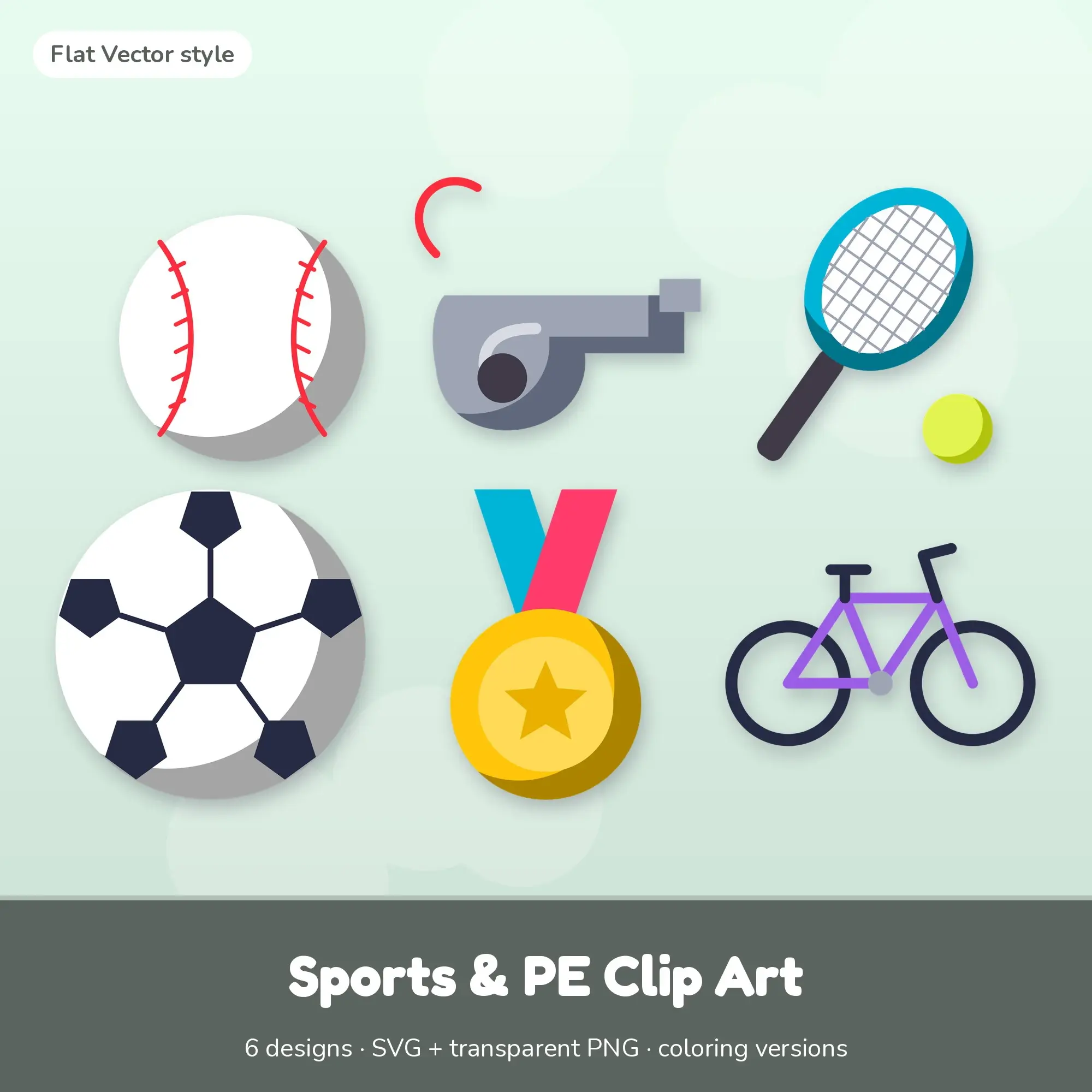 Flat Vector Sports & PE Clipart Set: 6 Vector Designs, SVG PNG preview