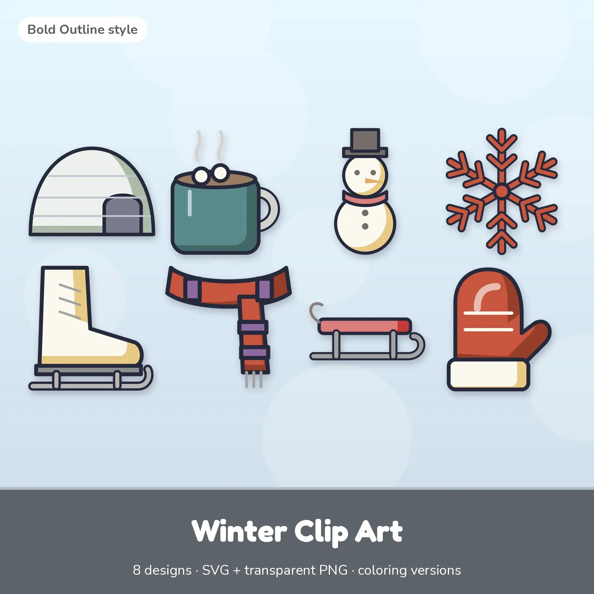 Igloo & Hot Cocoa Winter Clip Art, Bold Outline SVG PNG Set preview