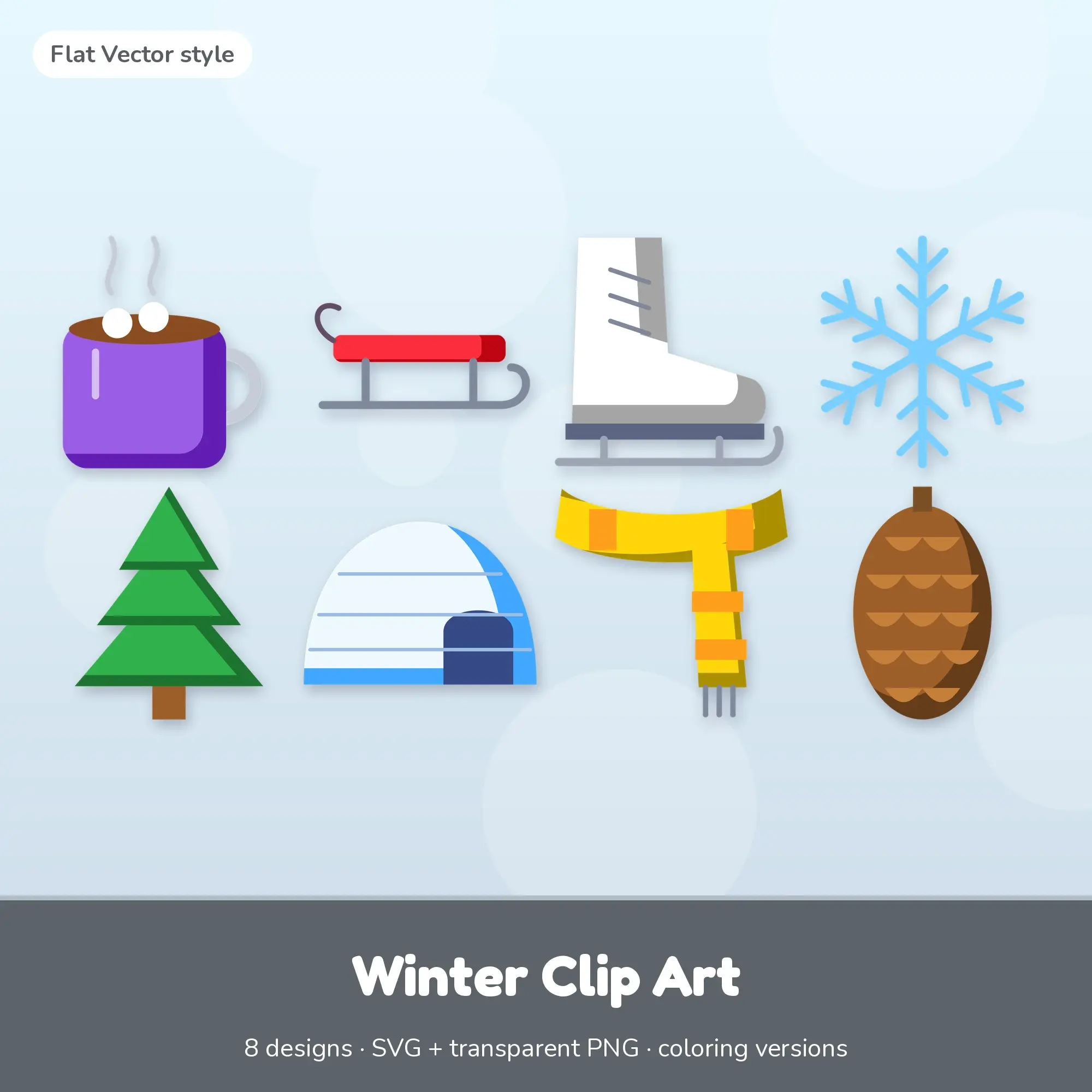 Hot Cocoa & Sled Winter Clip Art, Flat Vector SVG PNG Set, preview 1 of 2