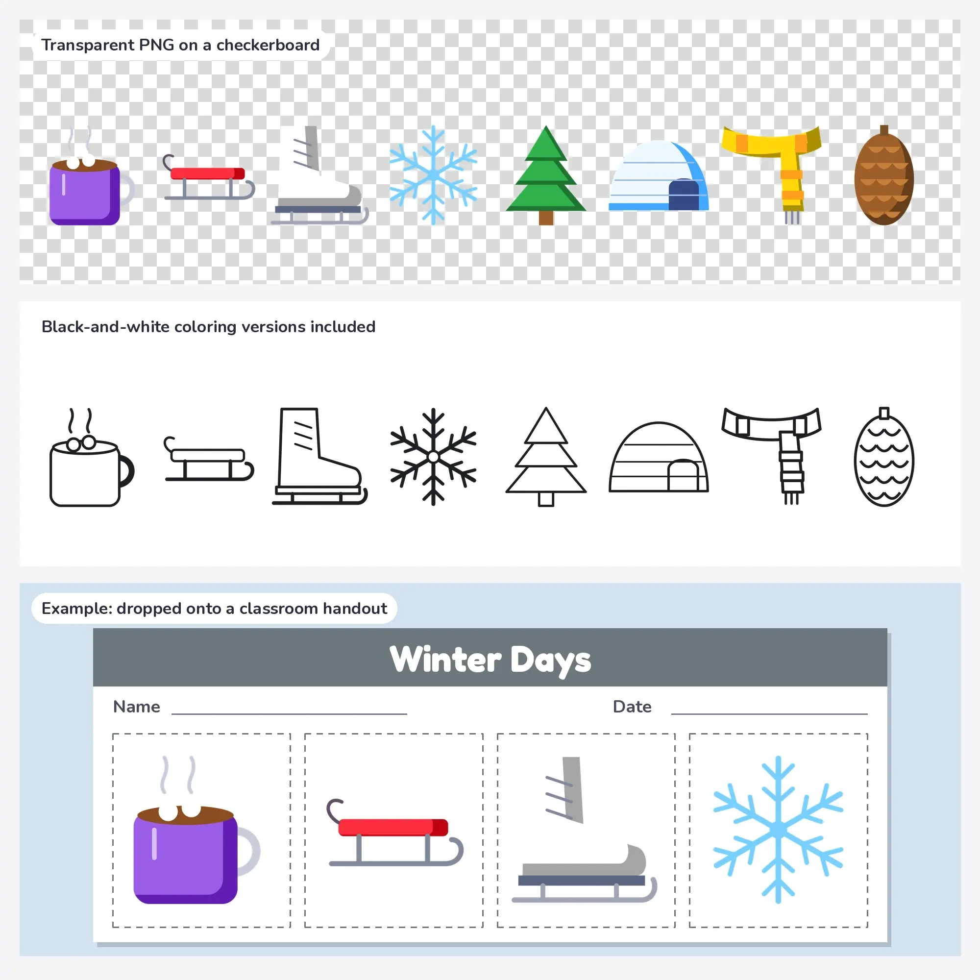 Hot Cocoa & Sled Winter Clip Art, Flat Vector SVG PNG Set, preview 2 of 2