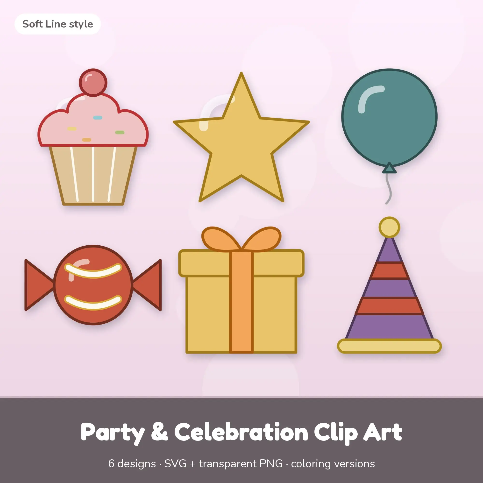 Vintage Soft Line Party & Celebration Clipart - 6 SVG and PNG preview