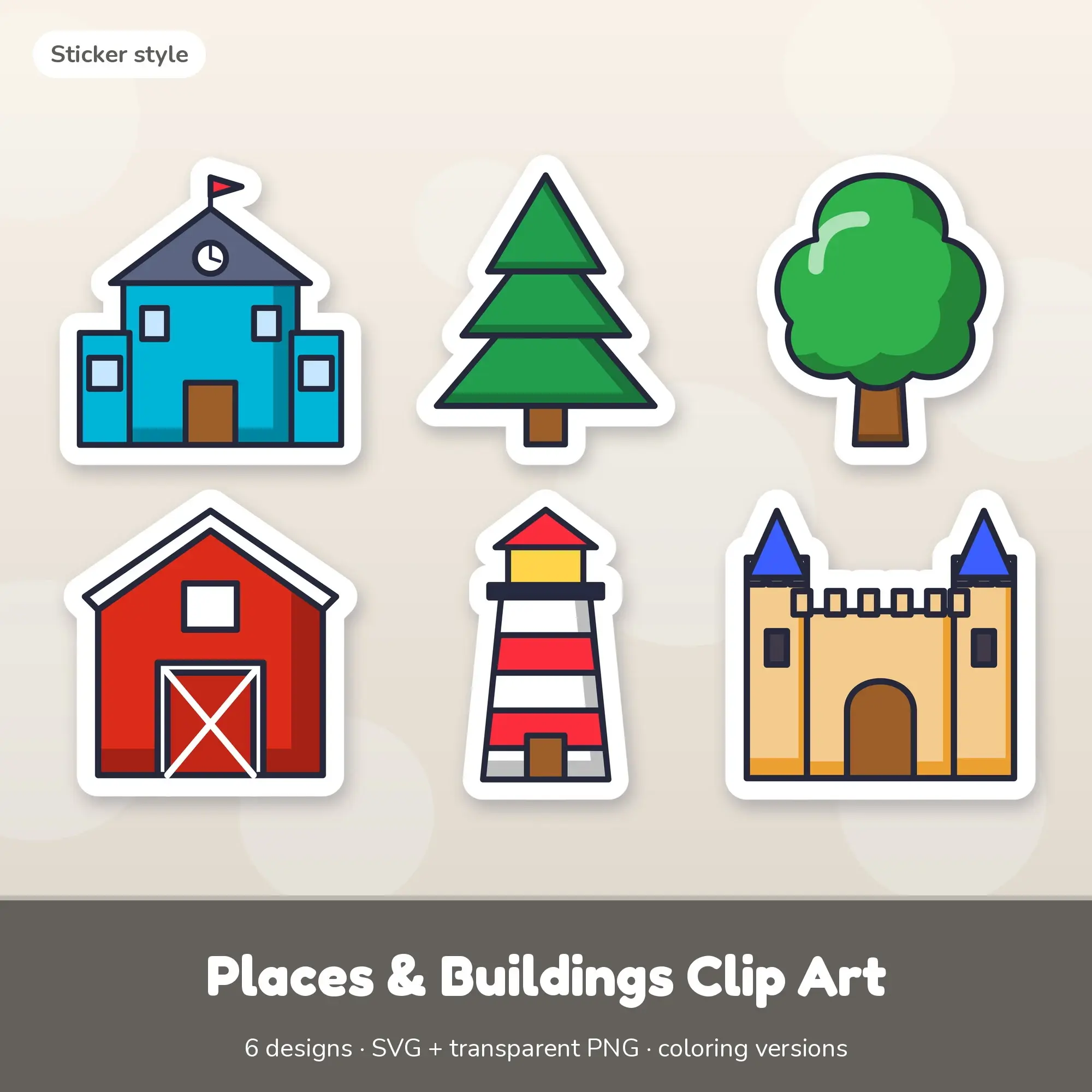 Places & Buildings Clip Art with Coloring Pages - 6 Sticker Designs preview