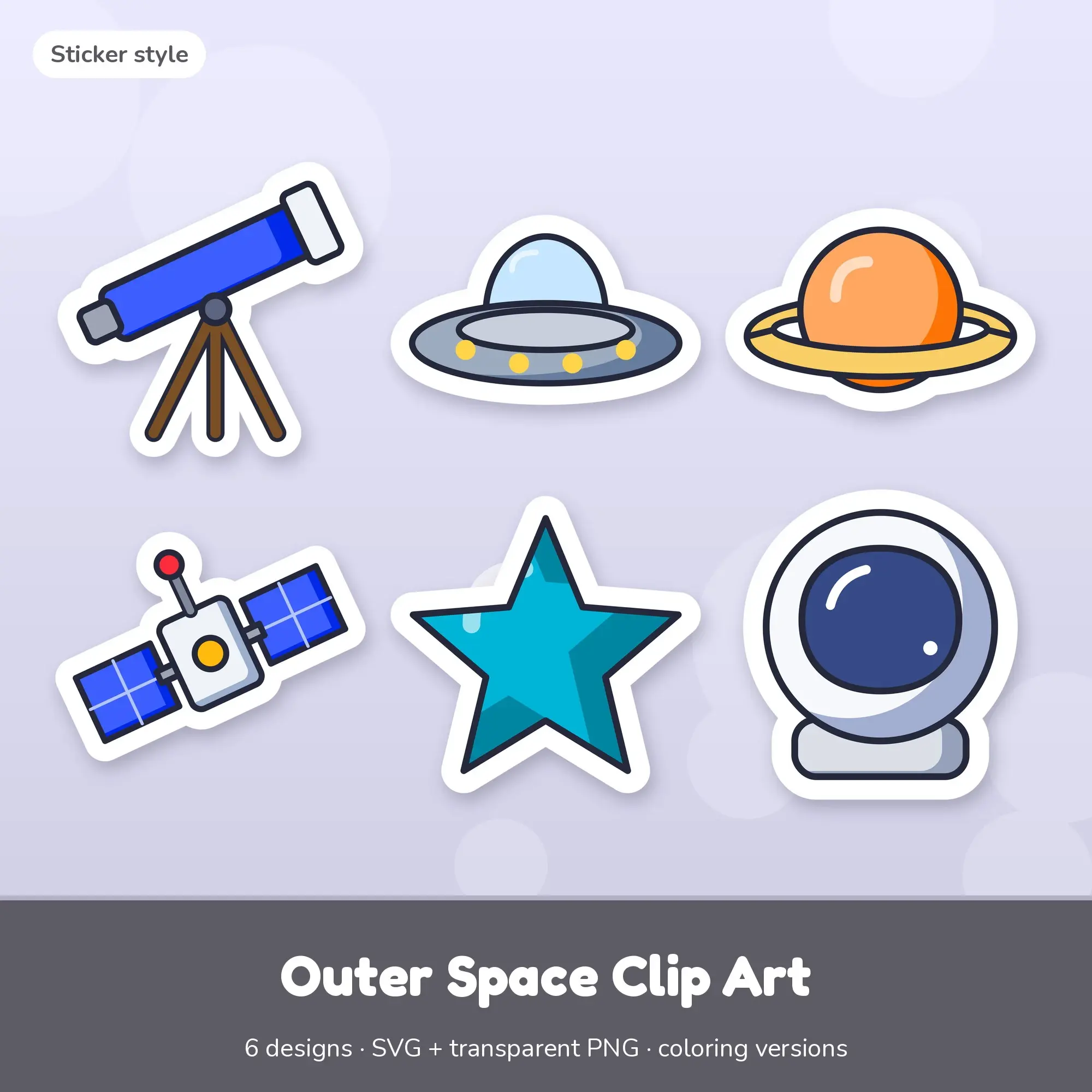 Telescope & Flying Saucer Outer Space Clip Art, Sticker SVG PNG Set preview