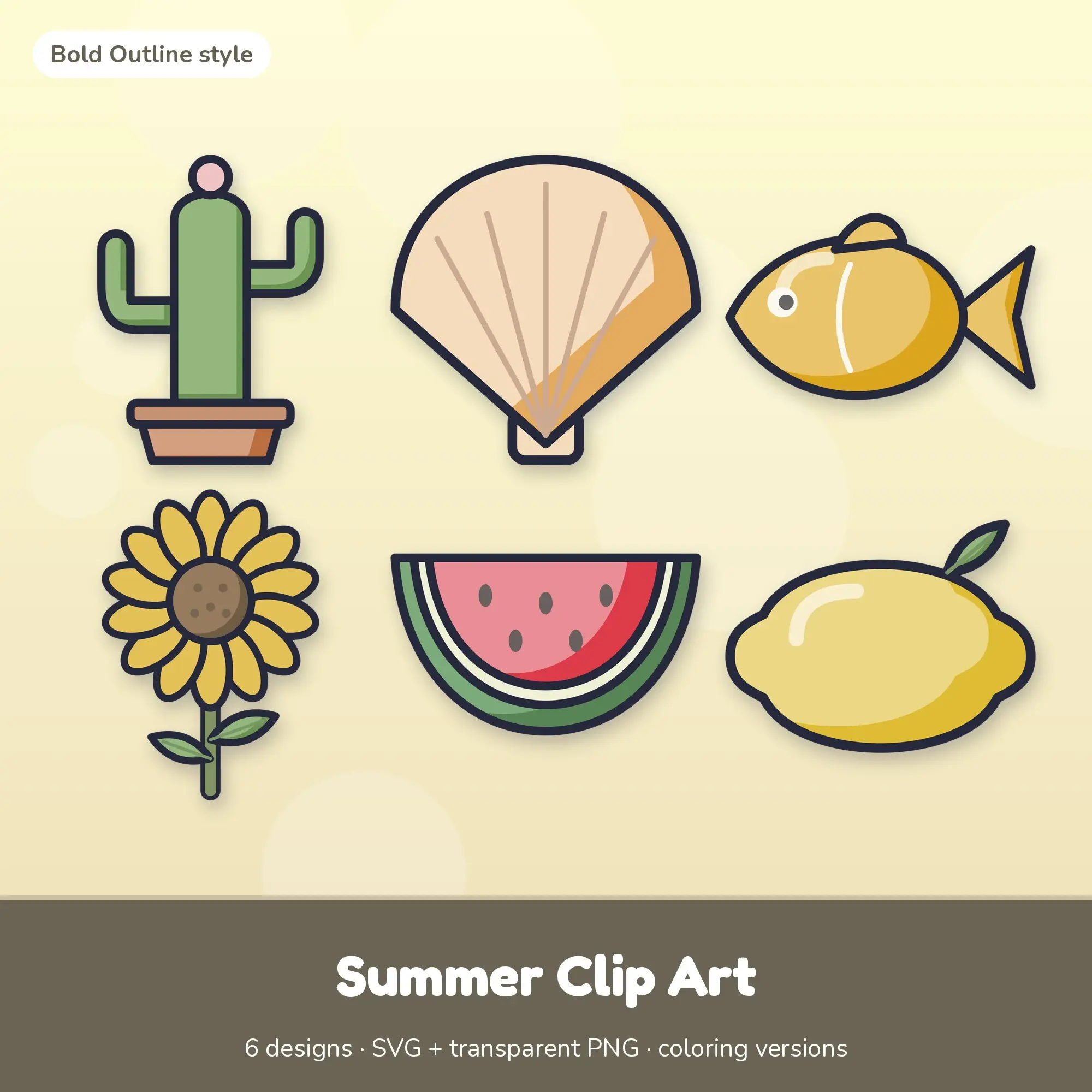 Cactus & Seashell Summer Clip Art, Bold Outline SVG PNG Set preview