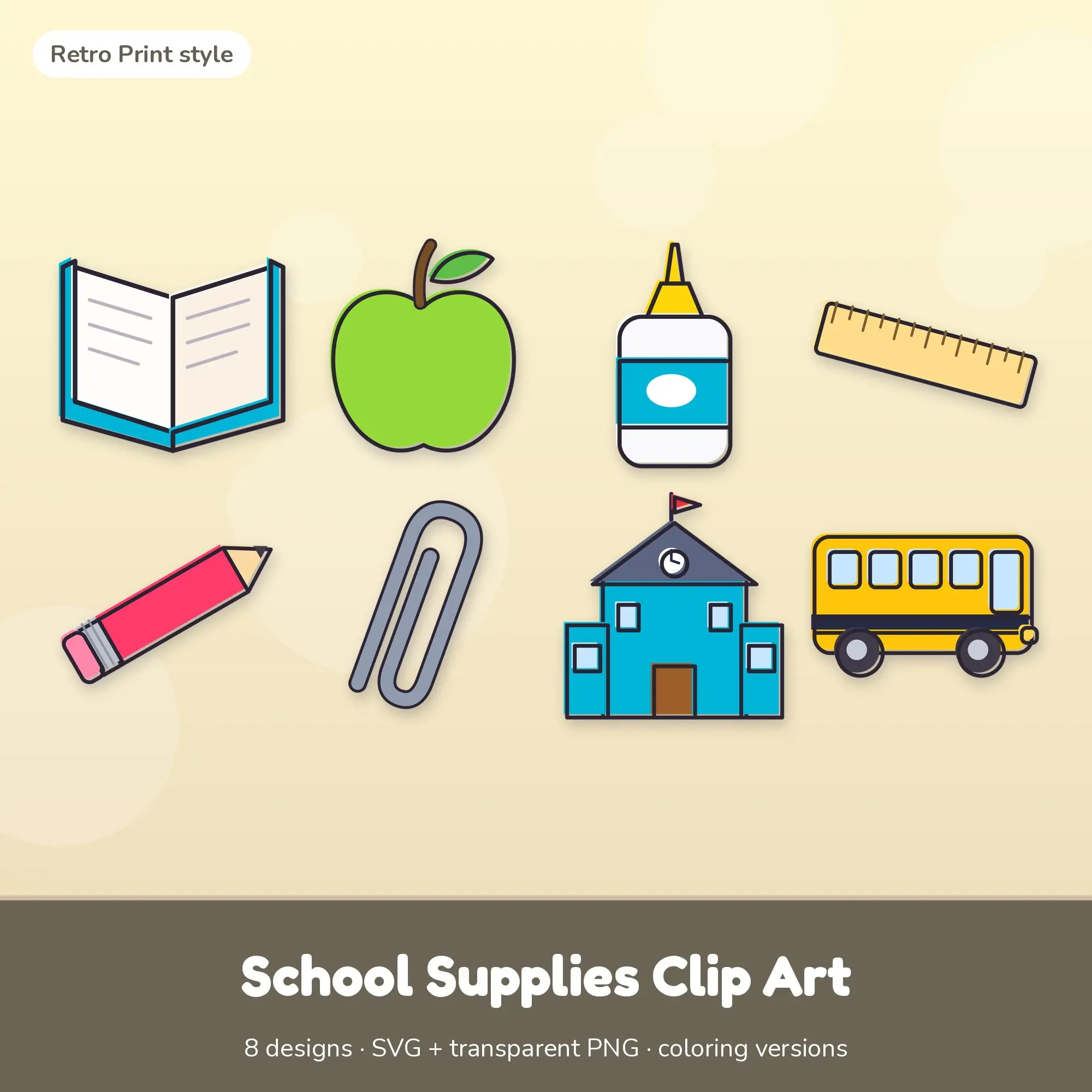 8 School Supplies Clip Art Vectors - Book, Apple, Glue Bottle preview